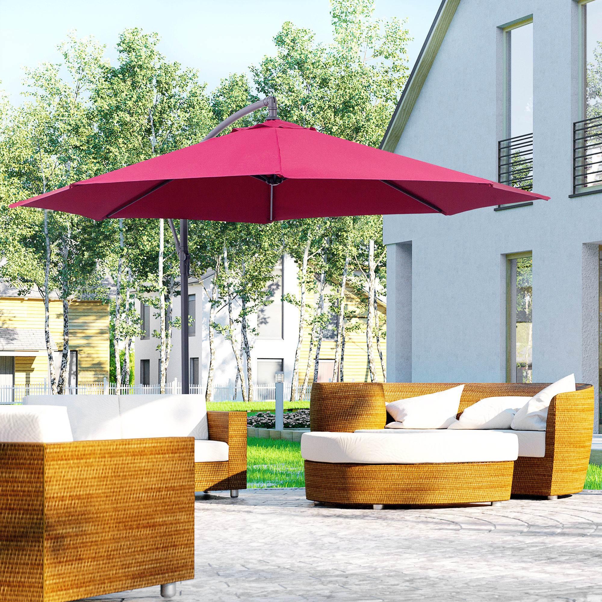 Outsunny Versetzter achteckiger Sonnenschirm mit neigbarer Kurbel und Ständer aus Stahl, Durchmesser 3 m, Rot