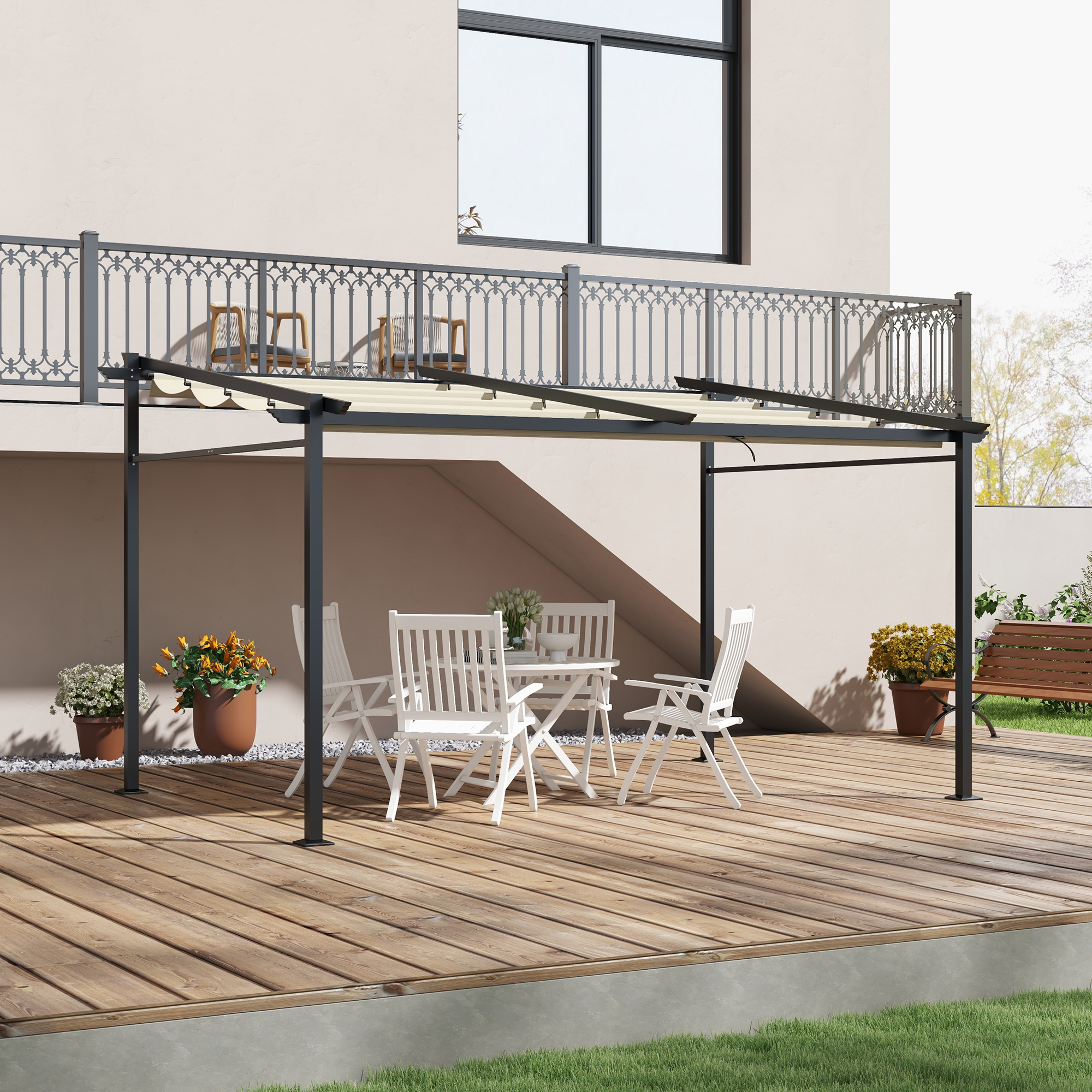 Outsunny Ausziehbare Pergola 4 x 3 m, pulverbeschichtete Metallstruktur, Polyester 180 g/m² inklusive Beige
