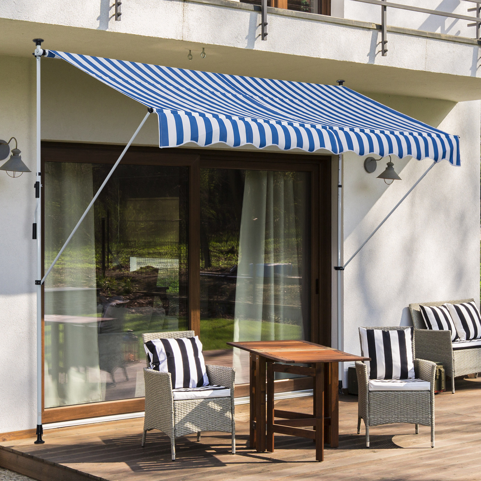 Outsunny Klemmmarkise mit Handkurbel höhenverstellbar Gelenkarmmarkise schmutzabweisend, witterungsbeständig Balkonmarkise 150cm breit Terrassenmarkise für Terrasse Balkon Veranda Blau+Weiß