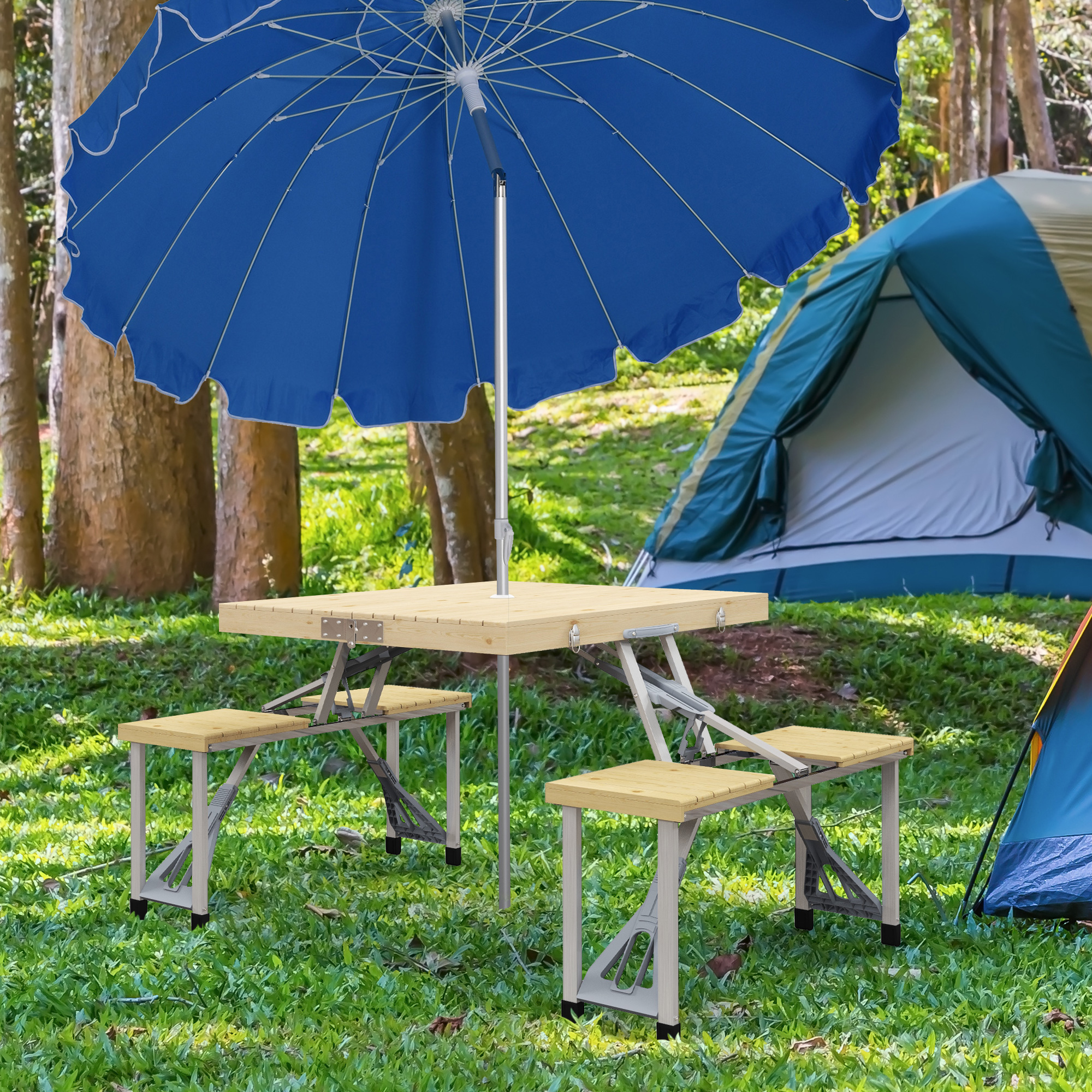 Outsunny Campingtisch, faltbar, 4 Sitzplätze, Schirmloch, Holztischplatte, Aluminiumrahmen, 85,5x72,5x67cm