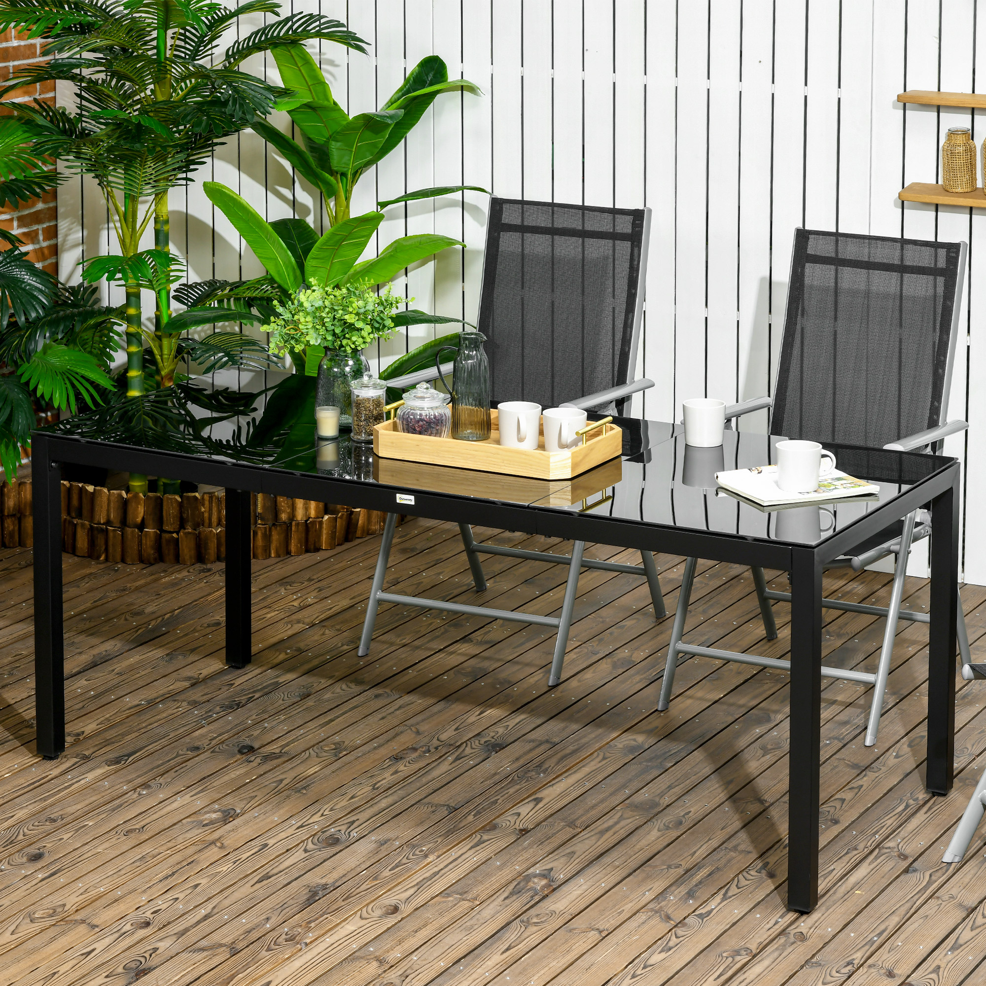 Outsunny Gartentisch rechteckig für 8 Personen mit gehärteter Glasplatte und Aluminiumrahmen Schwarz