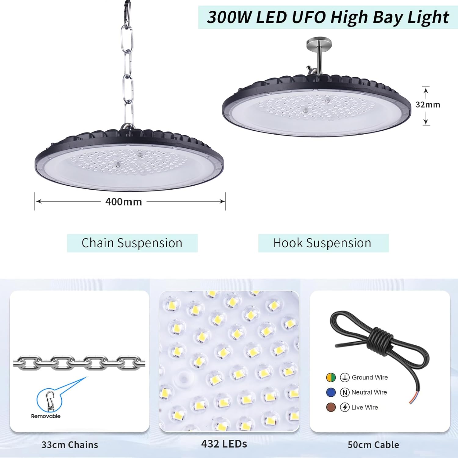 300W UFO LED High Bay Light,Fosingut Superhell 432 LEDs Hallenstrahler UFO LED Werkstattlampe,110lm/W 6500K Kaltweiß IP65 Wasserdichte Industrielampe High Bay Licht für Fabriken,Garage,Lagerhaus-6pcs