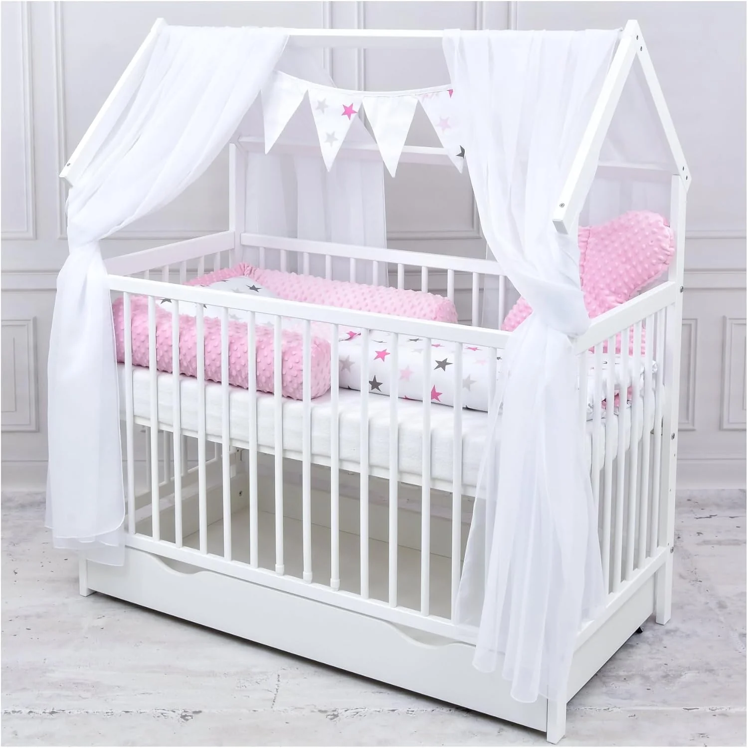 Baby Delux Babybett Komplett Set Hausbett 60x120 cm wei Schublade Rausfallschutz Kinderbett Matratze Bettwsche Deko Set (Prince Stars)