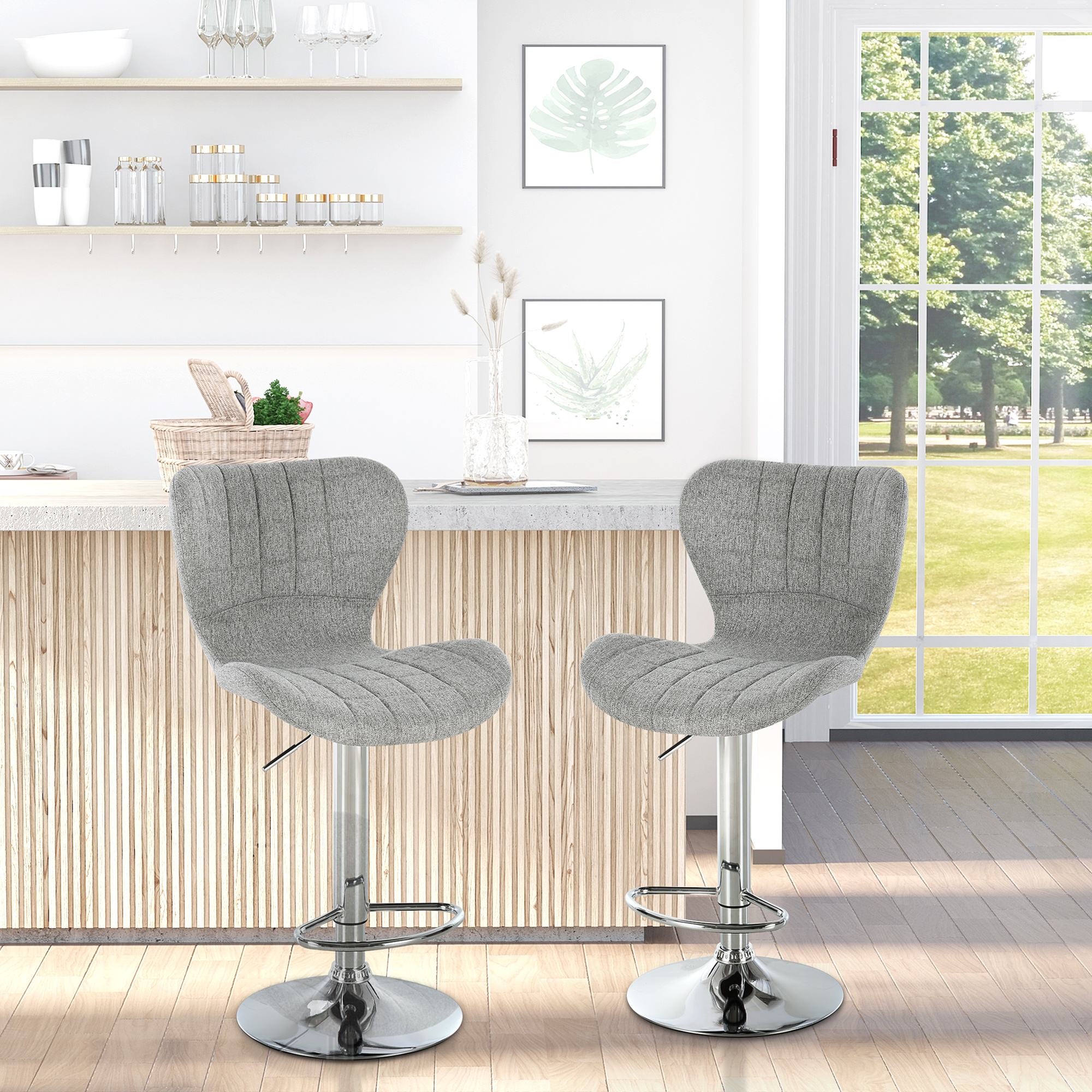 HOMCOM Set mit 2 zeitgemäßen Design-Barhockern, höhenverstellbar 59-81 cm, 360° drehbar, Leinen Grau