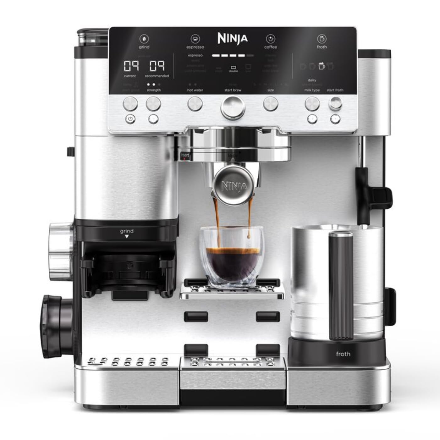3-in-1-Kaffeemaschine mit Mahlwerk und Milchaufschäumer, Espresso-, Cold-Brew- und Filterkaffee, 1,5 L, Silber