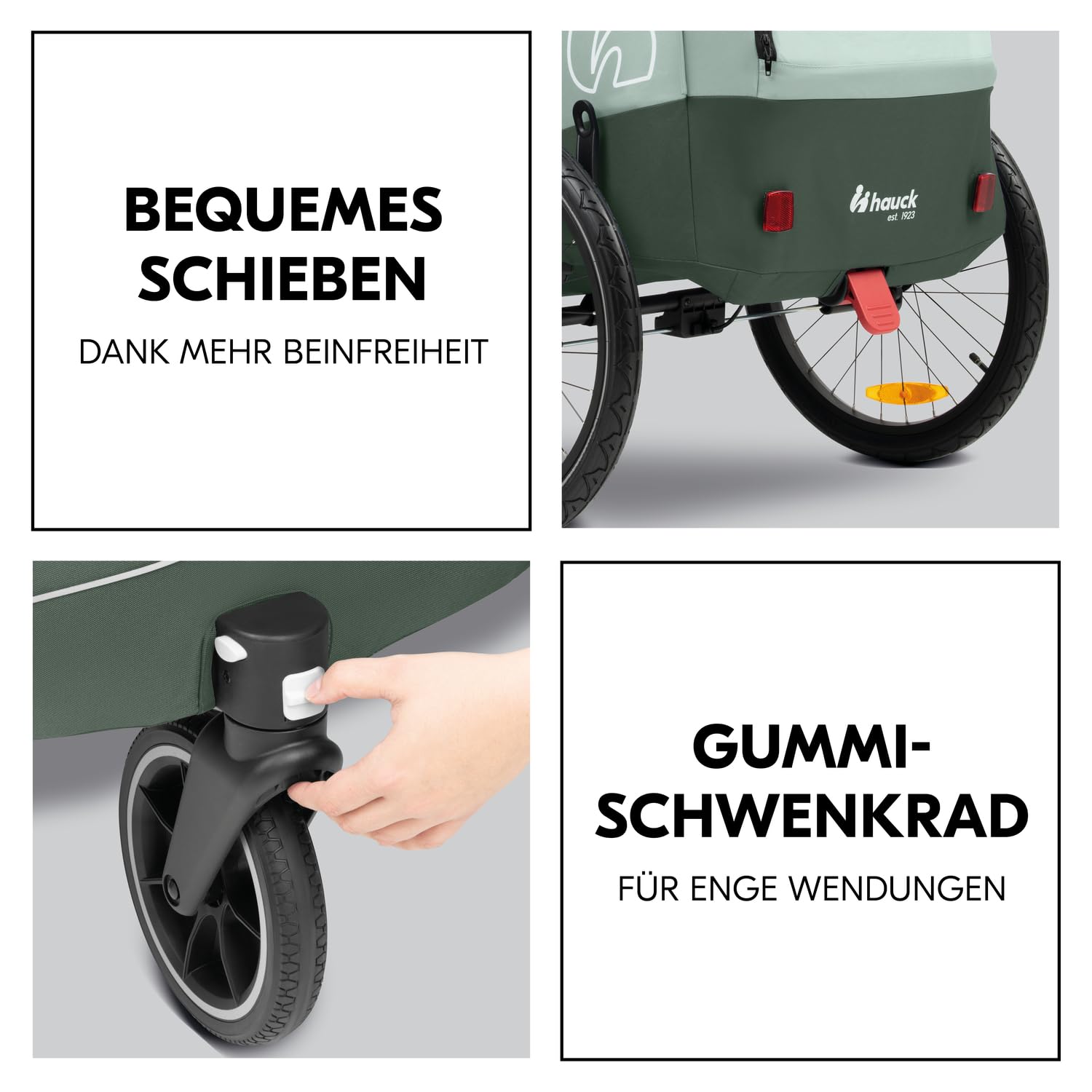 hauck Fahrradanhänger & Kinderwagen Dryk Duo Plus mit Federung, für 2 Kinder (6-48 Monate), inkl. Deichsel, Buggyrad, Fahne und LED Licht, Faltbar, Höhenverstellbar, XL Kofferaum (Dark Green)