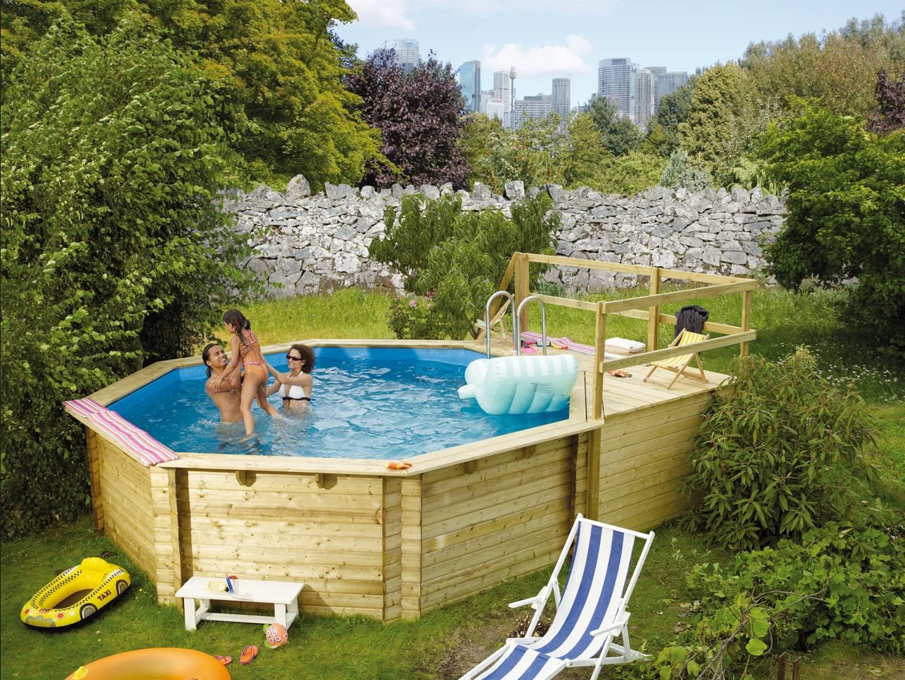 Chillroi Stahlrahmenpool, 428 x 428 x 124 cm, 96 x 199 cm, Blau/Holz, Achteck Massiv Holzpool Modell 2C, Set inkl. Sonnenterrasse
