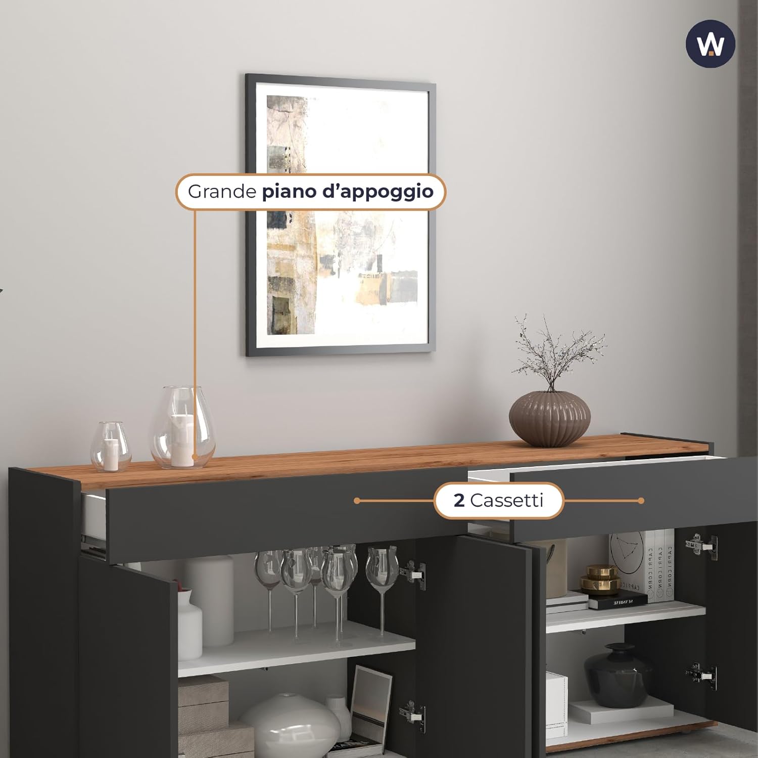 WHOUS Credenza e Buffet GARDA per Soggiorno con 2 Cassetti e 4 Ante, Madia per Salotto, Cucina e Sala da Pranzo in Legno, 160,1x35x70 cm, Antracite Opaco e Rovere