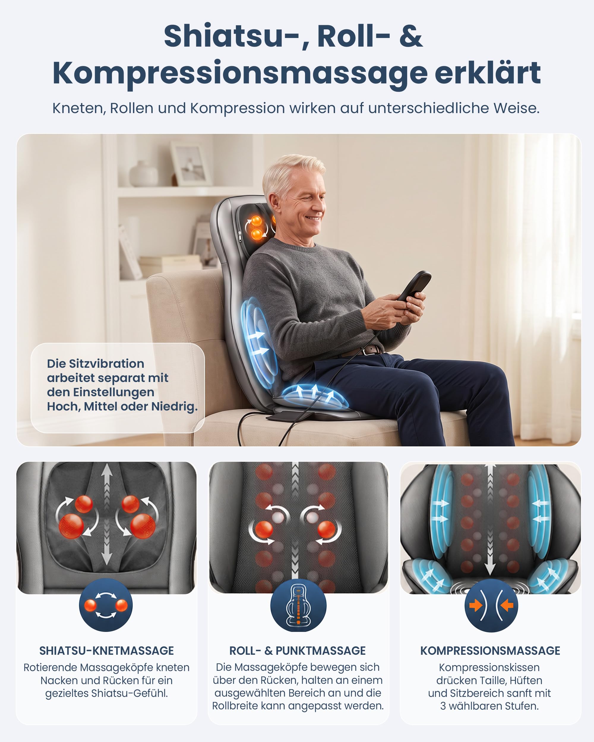 Massagesitzauflage mit Shiatsu, Wärme und Luftdruckmassage, höhenverstellbare Nackenmassage, 3 Zonen