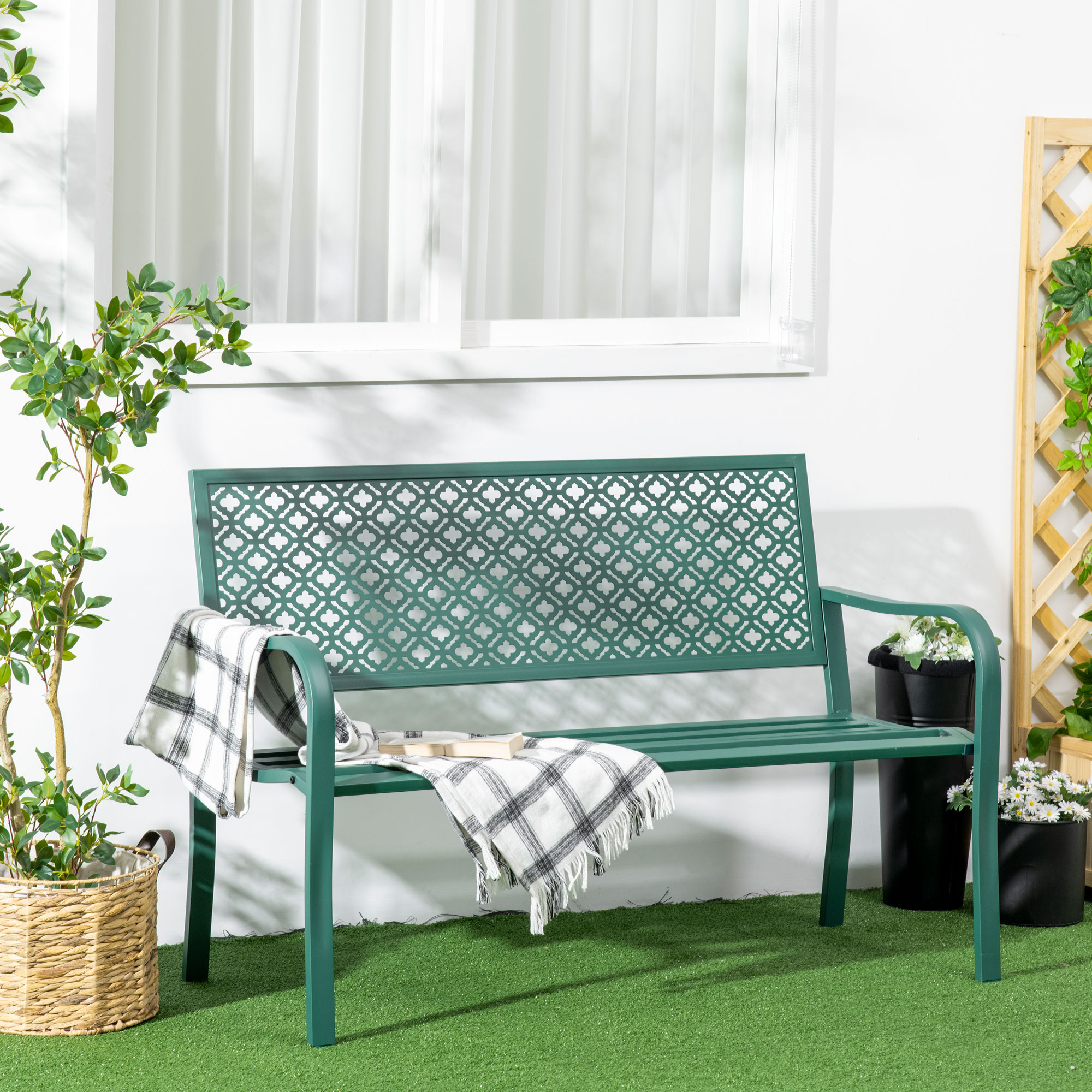 Outsunny Gartenbank aus Metall, 2-Sitzer, wetterbeständig, 127 cm x 63 cm x 83 cm, Grün