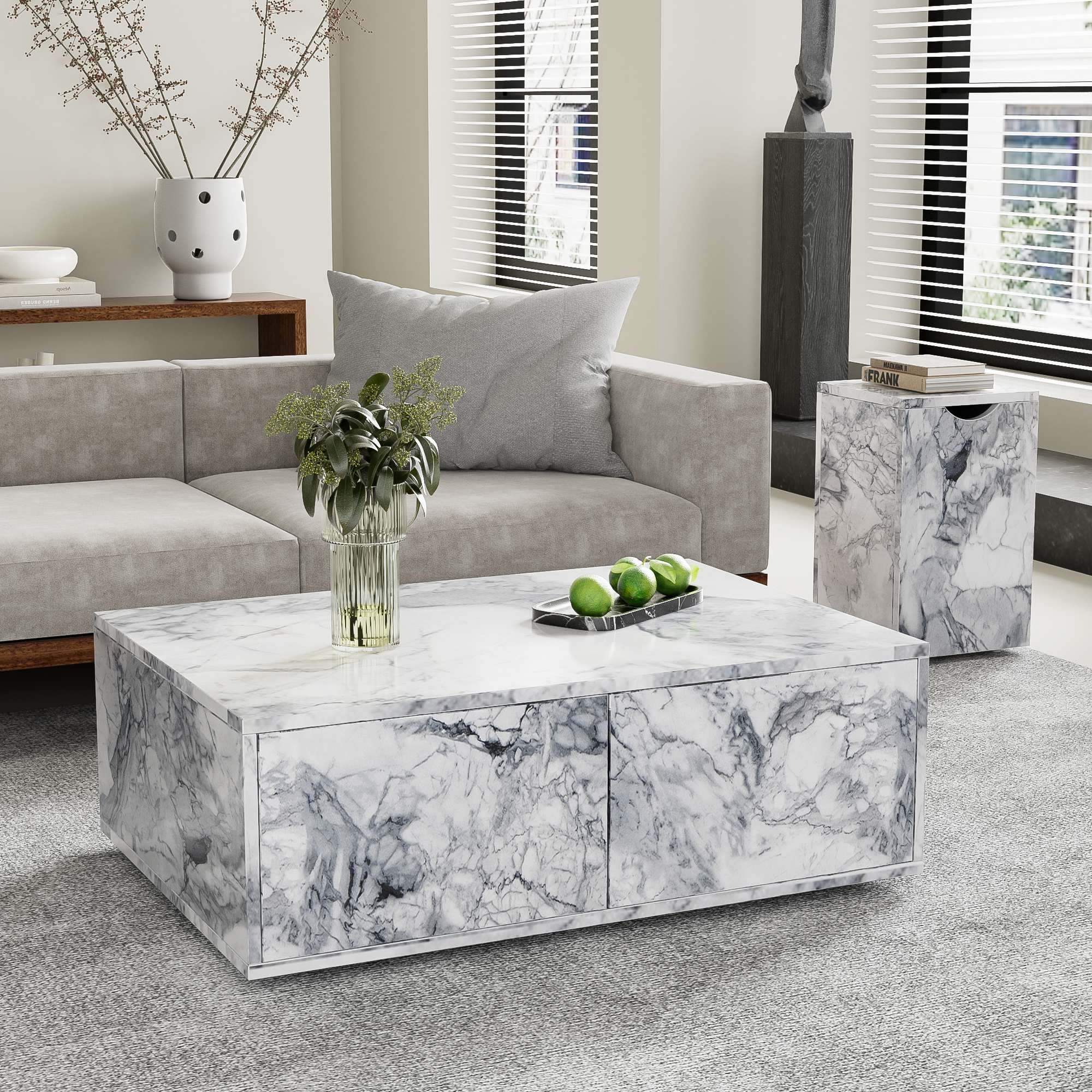 Modulares Couchtisch-Set in Marmoroptik, 2-teilig, flexibel und stilvoll für Wohnzimmer und Balkon, Weiße und cyanfarbene Marmorstruktur