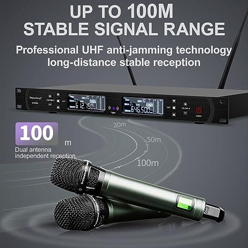 Depusheng DR666 Microfono wireless professionale Karaoke Doppio microfono senza fili palmare, scocca in metallo, ricezione a lunga distanza 100 metri, dedicato per il palcoscenico del bar : Strumenti Musicali