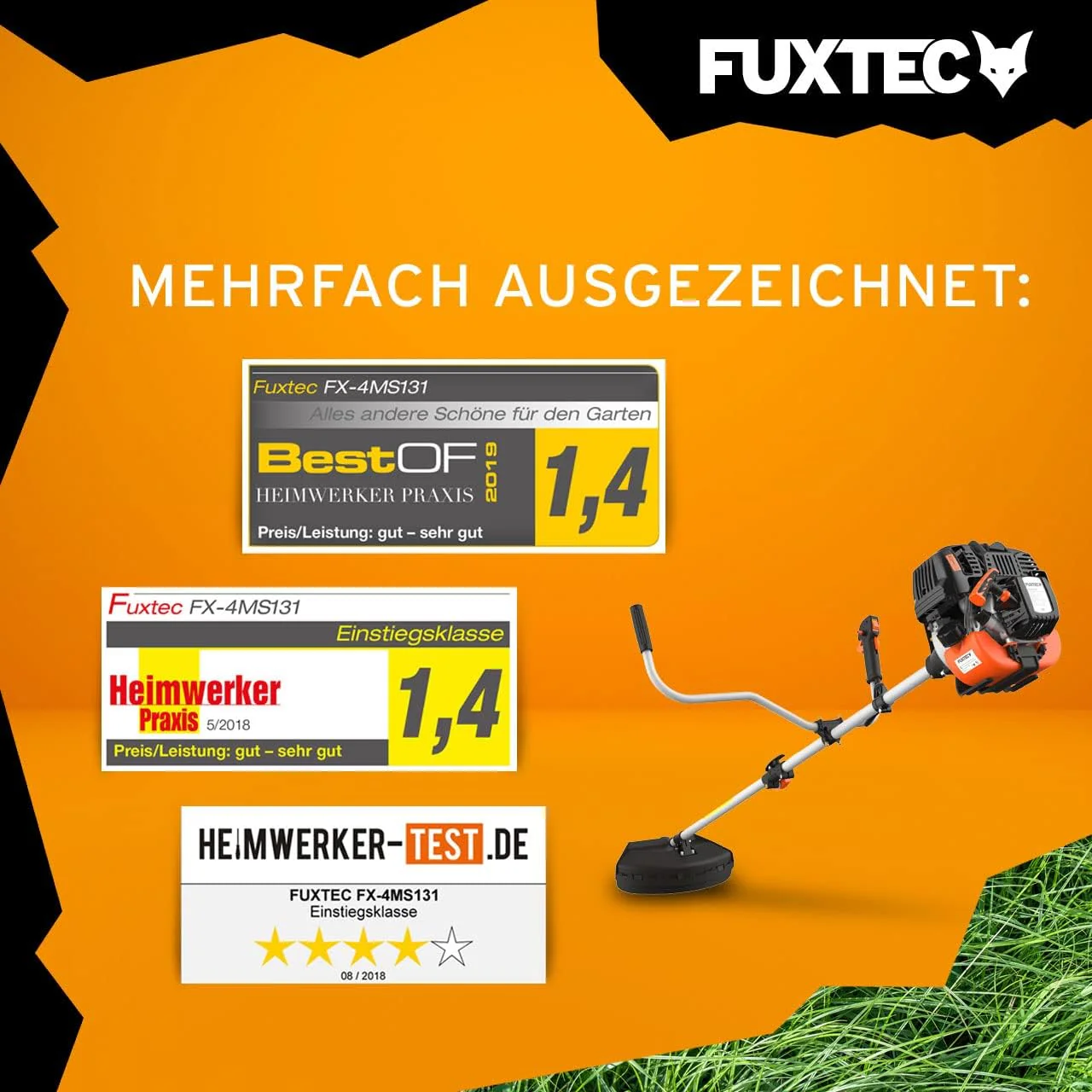 FUXTEC Benzine bosmaaier FX-4MS131, grastrimmer met 4-taktmotor, 320 mm snijcirkel, ergonomische tweehandige handgreep, noodstopschakelaar, lichtgewicht, incl. professionele draagriem/mes/draad
