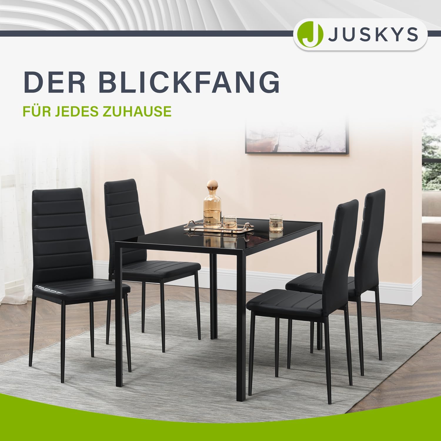 Juskys Set da pranzo Dalya - Set con tavolo da pranzo e sedie per 4 persone - Sala da pranzo con 4 sedie e tavolo - Arredamento moderno per sala da pranzo in nero