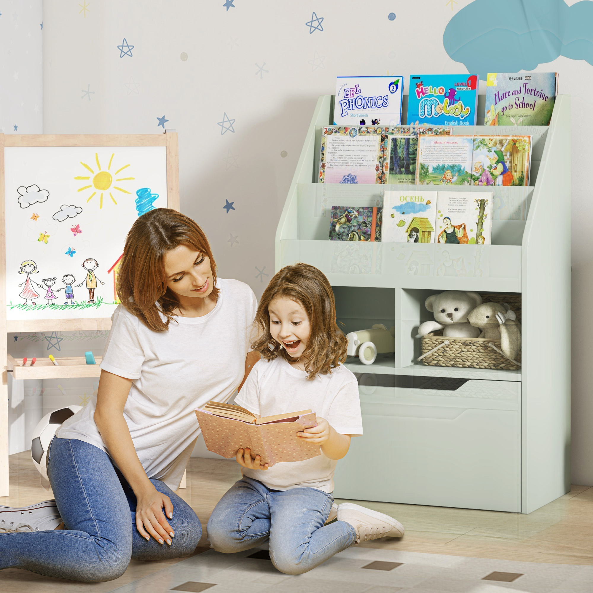 Kinderrek met Lade, Boekenrek met Vakken, 60 x 29,9 x 90 cm, Groen