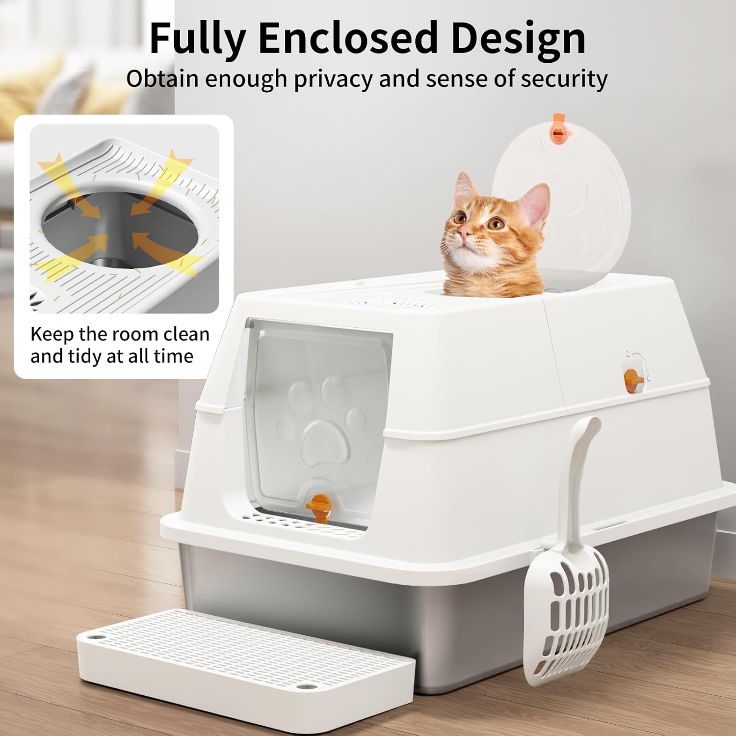 Lettiera per Gatti in Acciaio Inox, Lettiera Gatto Chiusa XXL, Lettiera Gatto Grande con Pala in Metallo, Doppio Strato Opaco Toilette per Gatti Grande - Grigio