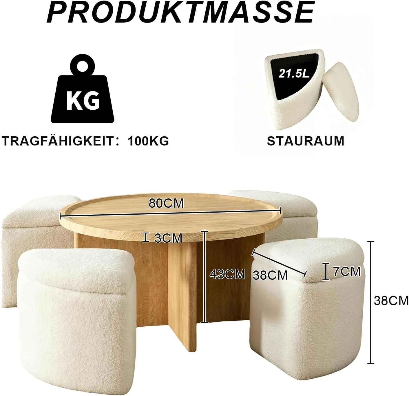 Runder Couchtisch mit 4 Hockern & Stauraum, 80 cm, platzsparend