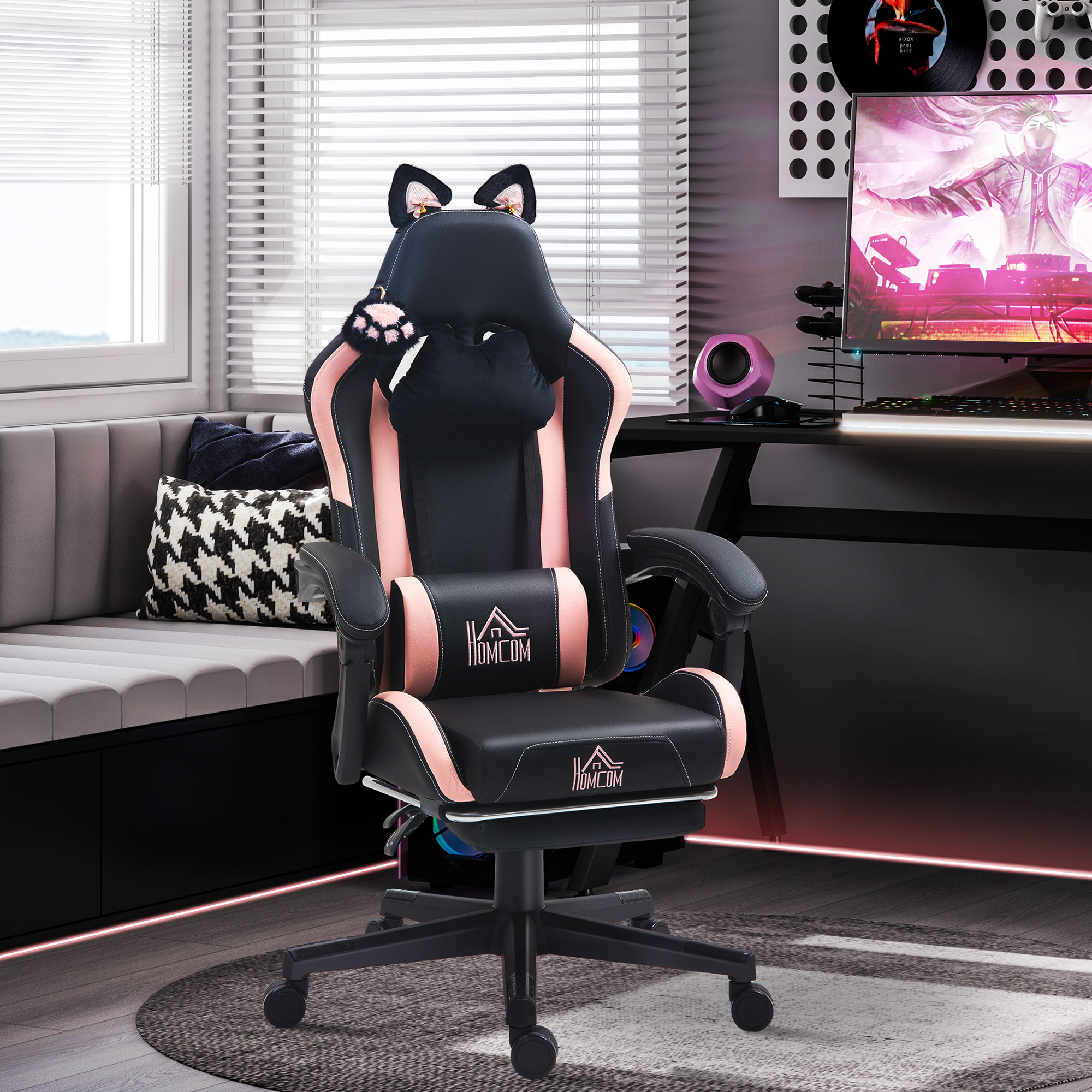 HOMCOM Reclinabile Gaming-Stuhl mit Poggiapiedi und Kissen, Kunstleder und Schwamm, 65x62x116-124 cm, Rosa und Schwarz