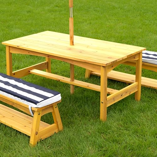 KidKraft Set tavolo e panchine in legno per bambini con cuscini e ombrellone, mobili per giardino e per esterno, Strisce blu navy e bianche, 00106 : Giardino e giardinaggio
