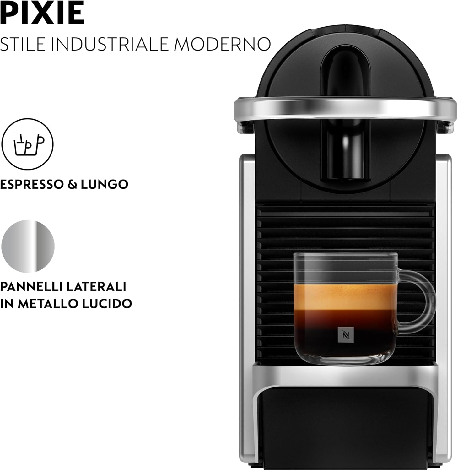 Nespresso De'Longhi Pixie EN127.S, Macchina da Caffè con Sistema Capsule Nespresso, Modalità ECO, Espresso e Caffè Lungo, Design Compatto, Pressione 19 Bar, 1260W, Silver
