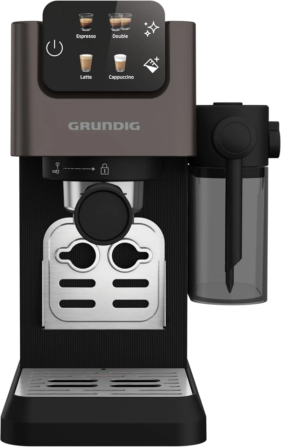 GRUNDIG KSM 5330 Espressomachine met ge?ntegreerd melkreservoir, 1628 W vermogen, 15 bar pompdruk, dubbele tuit, kleuren-touchscreen, BrewSense, CreamyPro, donker inox/zwart
