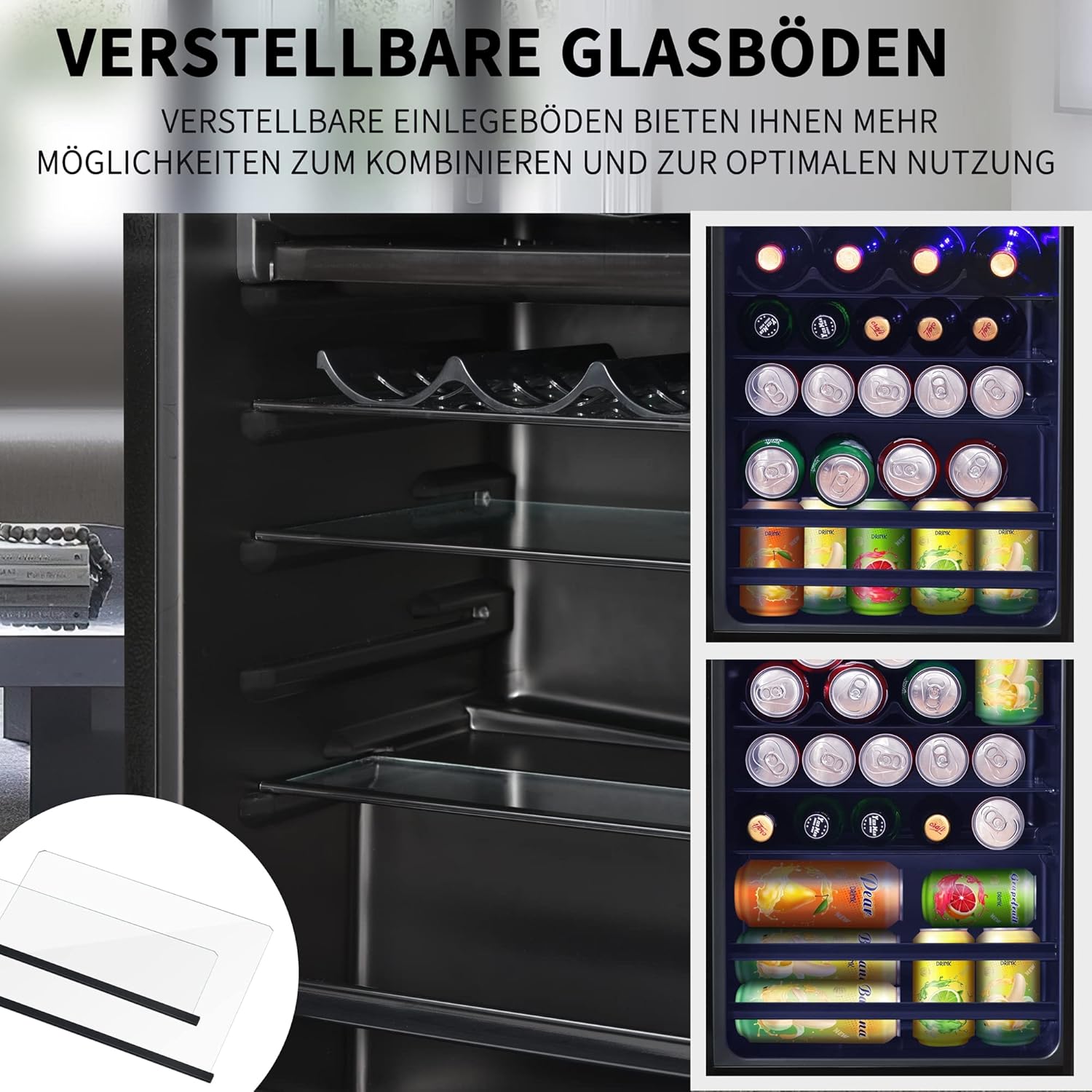 Merax Getränkekühlschrank, 76L Mini Kühlschrank mit 6L Gefrierfach, Kühlschrank Klein mit 2 Ablagen, Mini mit Glastür, Minikühlschrank Lautlos für Büro Camping Outdoor, Schwarz
