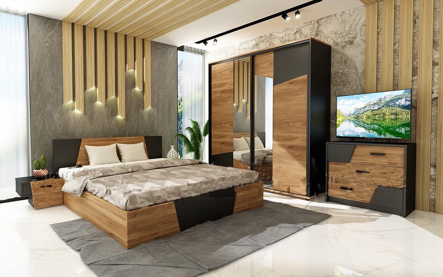 CDLU33 Complete Double Bedroom Black and Dark Oak with 2 Sliding Doors Wardrobe with Mirror Double Bed 2 Bedside Tables and 1 Dresser CDLU33