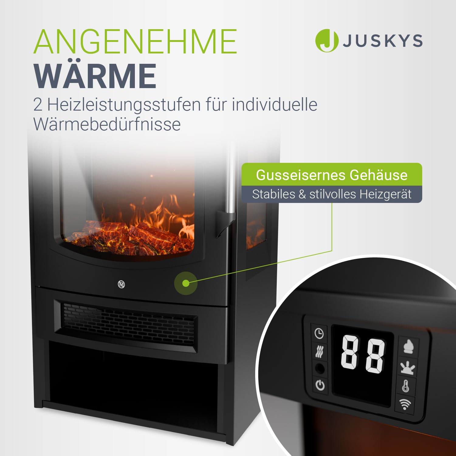 Elektrokamin 1800 W schwarz, freistehender Standkamin mit LED-Flammeneffekt, WLAN- und App-Steuerung sowie Fernbedienung