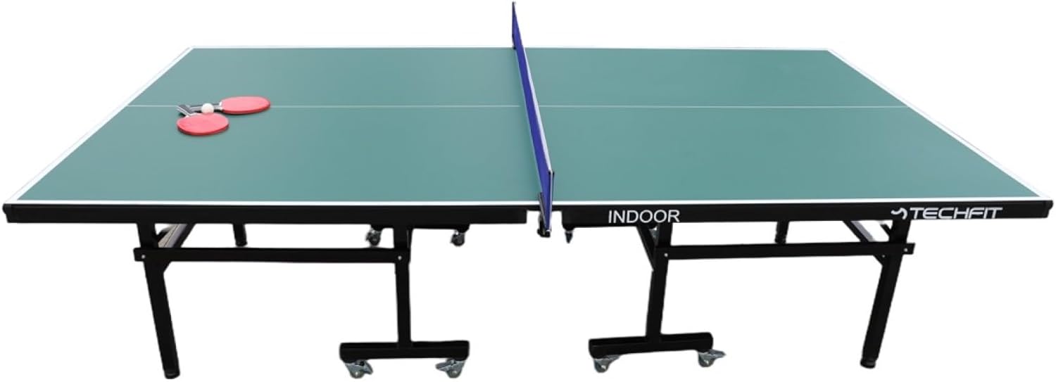 TechFit Tavolo da Ping Pong Professionale per Interni - Pieghevole da Interno con Inclinazione Unilaterale, Struttura Metallica Nera, Rete da 180 cm, Roti Silconate con Freni, 274x152,5x76 cm