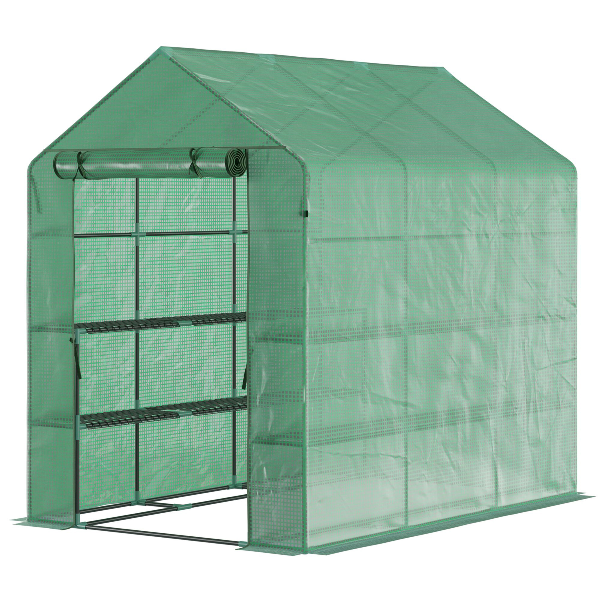 Outsunny Foliengewächshaus begehbares Gewächshaus mit 8 Regalebenen Tomatengewächshaus Treibhaus Frühbeet mit Tür Grün Stahl PE-Kunststoff 214 x 143 x 195 cm