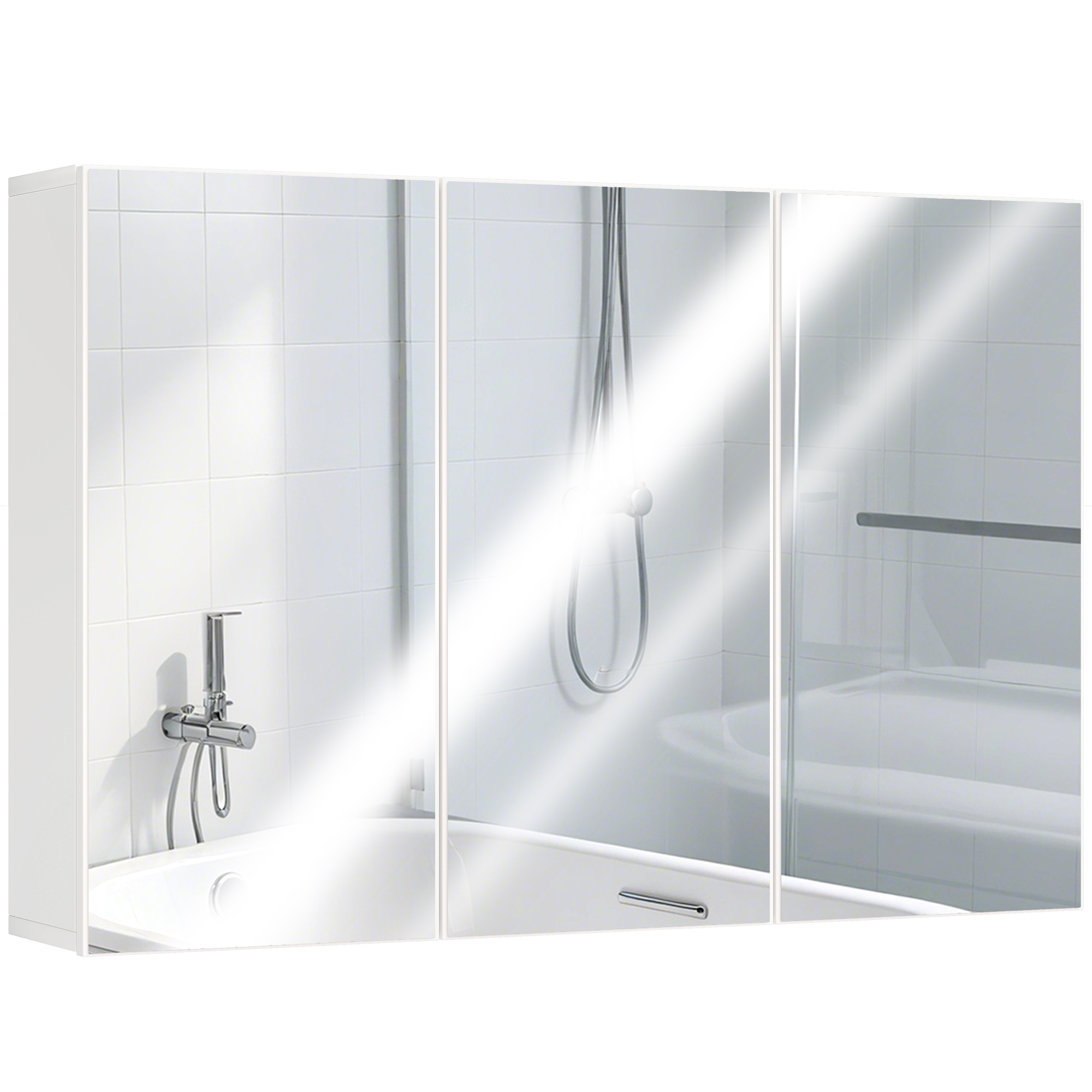 HOMCOM Badezimmerspiegelschrank, Badschrank mit 3 Spiegeltüren, Wandmontage, 90 x 15,5 x 60 cm, Spanplatte, Weiß
