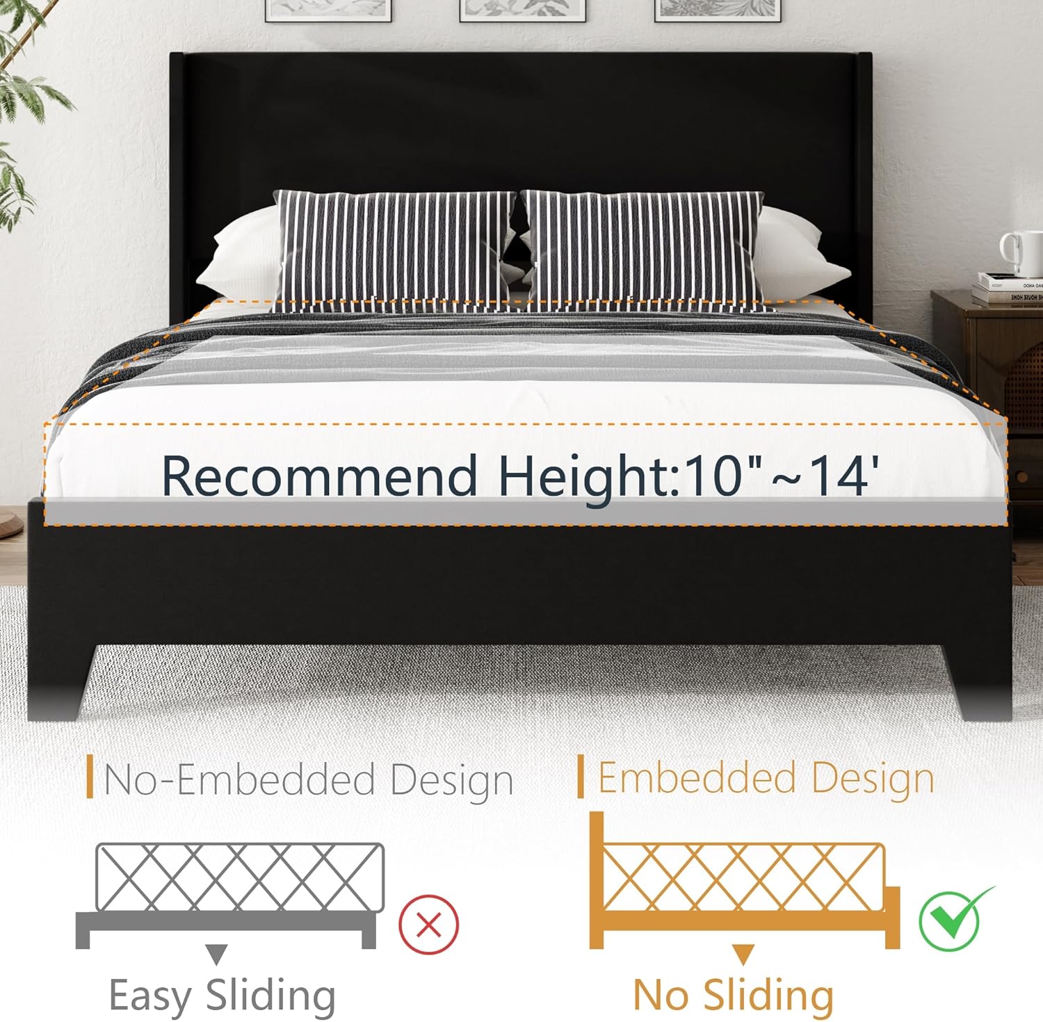 Queen Bed Frame with Faux Leather Upholstered Headboard, Wear-Resistant, Easy Clean, Mattress Foundation, No Box Spring Required, Easy Assembly, Black