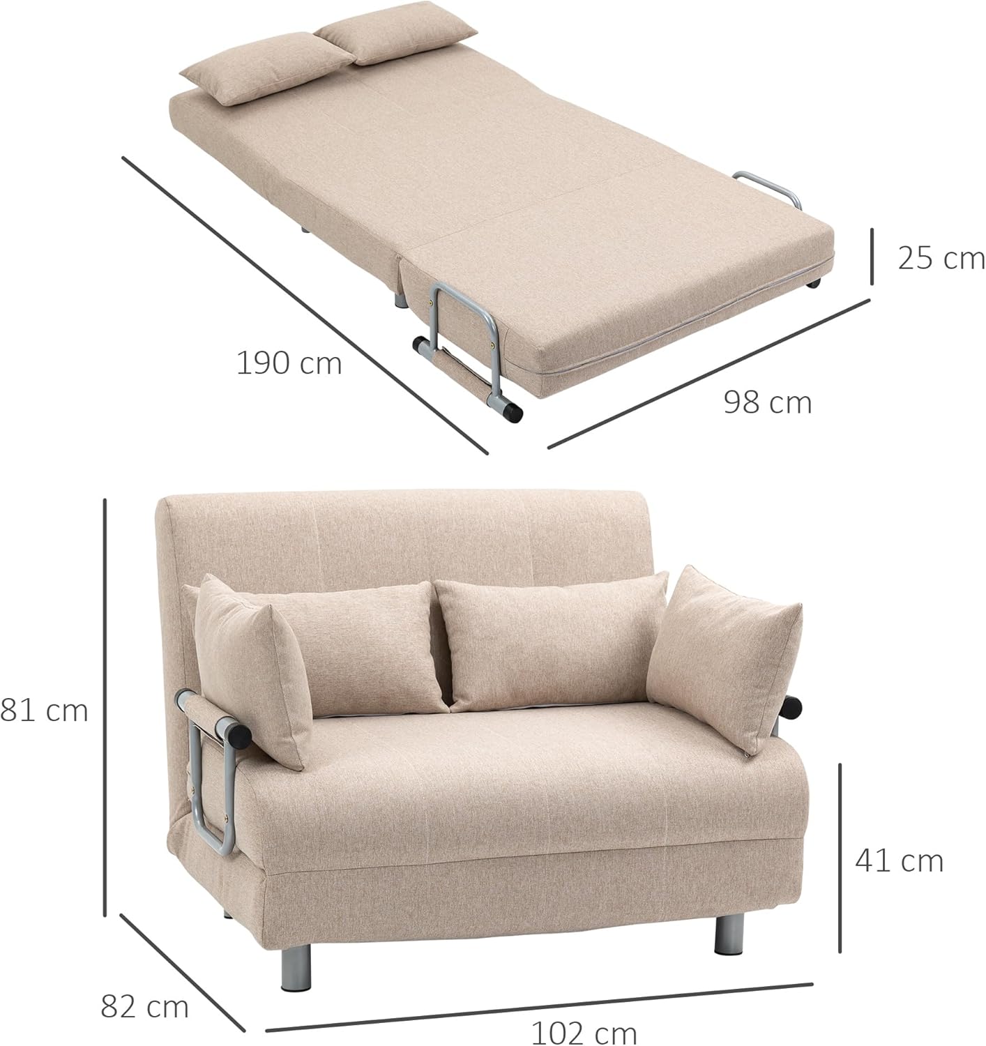 HOMCOM Divano Letto 2 Posti 3 in 1 Convertibile in Poltrona Reclinabile con Schienale Regolabile e 4 Cuscini Imbottiti, 102x82x81 cm, Beige