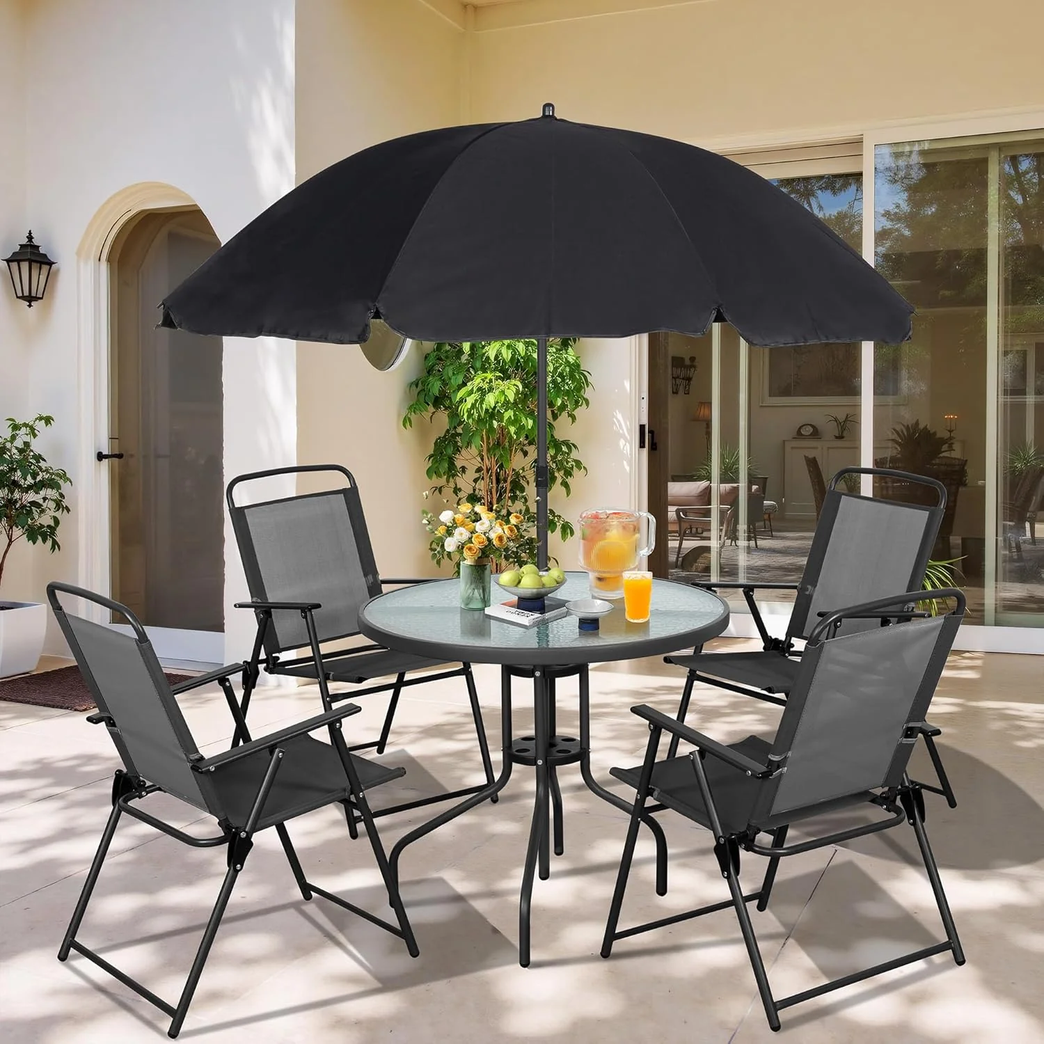 Vongrasig 6 Piece Folding Patio Dining Set.Small Metal Outdoor Garden Patio Table and Chair Set w/Umbrella for Lawn.Deck.Backyard.Black