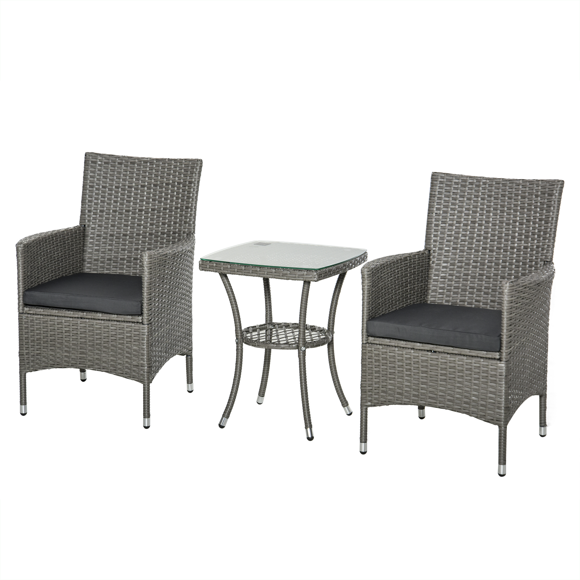 Outsunny Polyrattan Gartenmöbel Set, Outdoor Lounge Balkonmöbel für 2 Personen, 3-teilig Sitzgruppe, 2 Stühle, Tisch Sitzkissen, Gartenlounge für Garten, Terrasse, Balkon, Grau