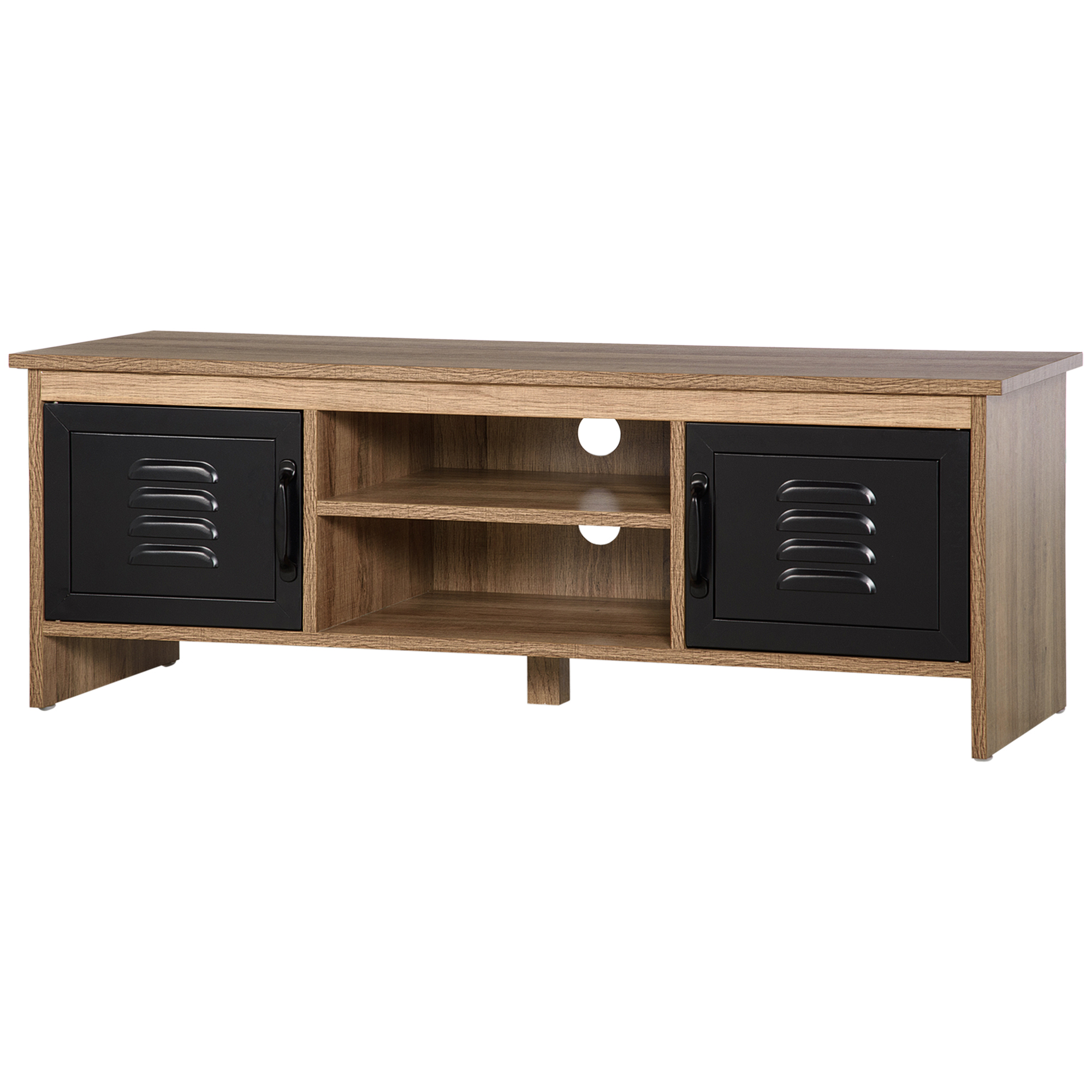 HOMCOM TV-Möbel TV-Bank 110 cm Industriedesign mit 2 Schränken, 2 Fächern, 2 Kabeldurchführungen, Holzmaserung Optik Schwarze Metalltüren