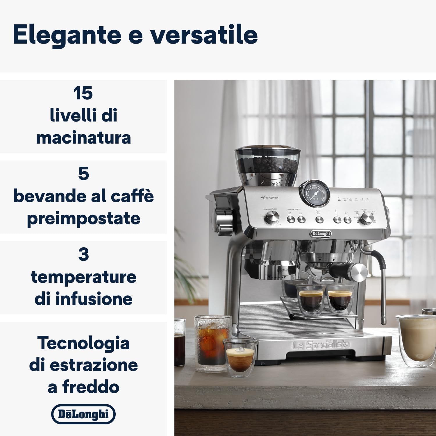 La Specialista Opera EC9555.M, Macchina Caffè Espresso con Macinacaffè Integrato, Funzione Cold Brew, Inclusa Lancia per Schiumatura del Latte, Include Accessori Welcome Set, 1550W, Metallo