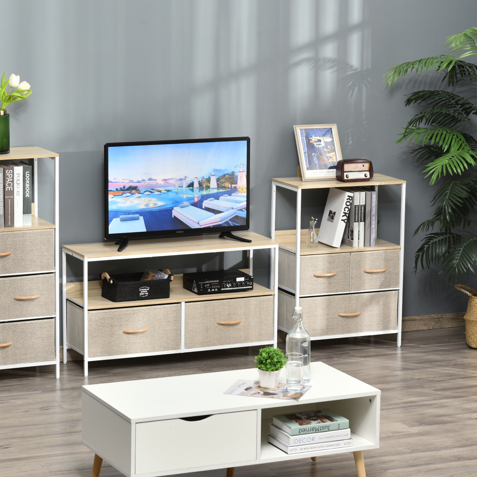 HOMCOM Kommode Aufbewahrungsmöbel mit 3 Stoffschubladen, Regal und oberem Tablett, 58L x 29B x 81,5H cm