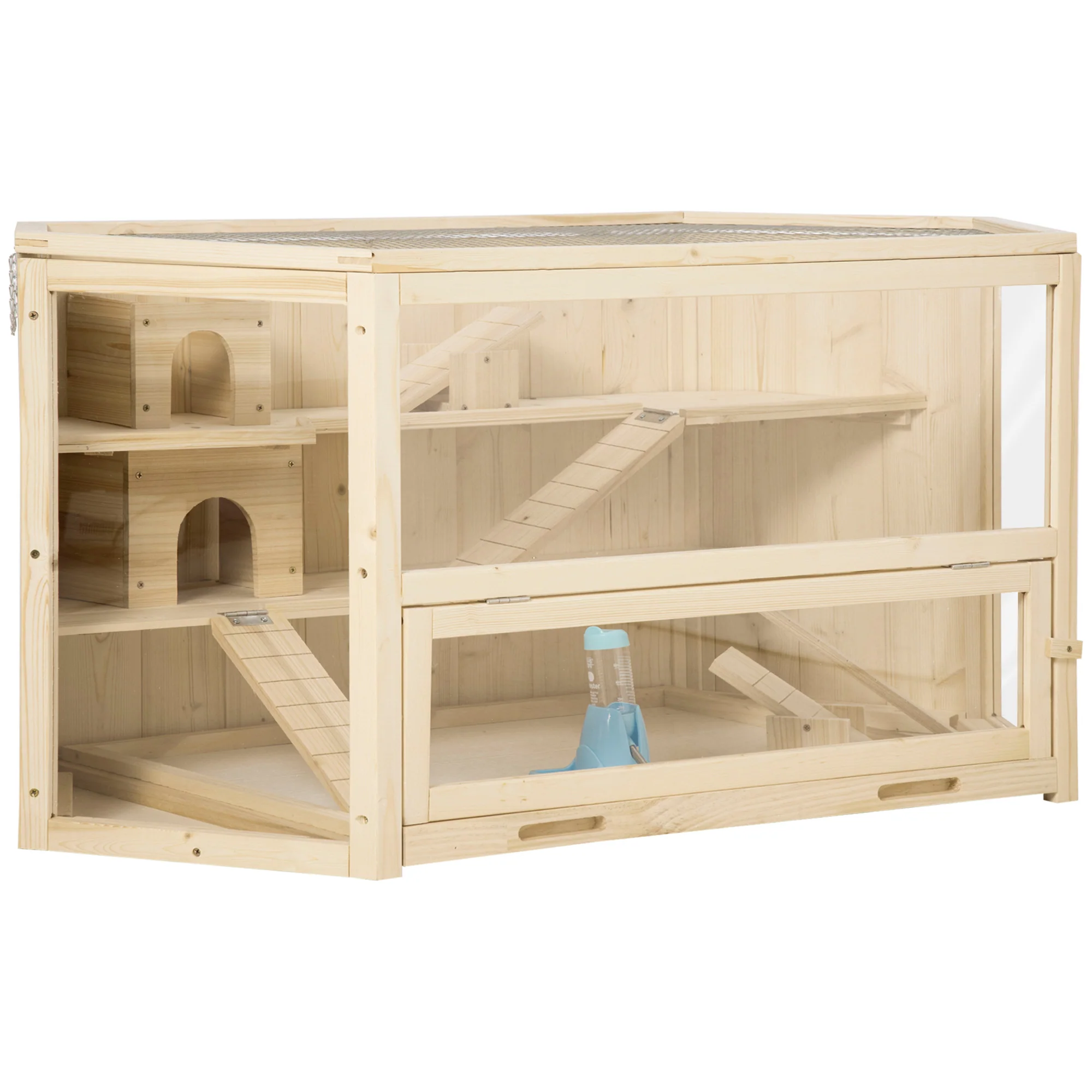 Easycomfort Casetta per Criceti in Legno a 3 Livelli con Tetto Apribile e Parete Trasparente, 115x60x55cm