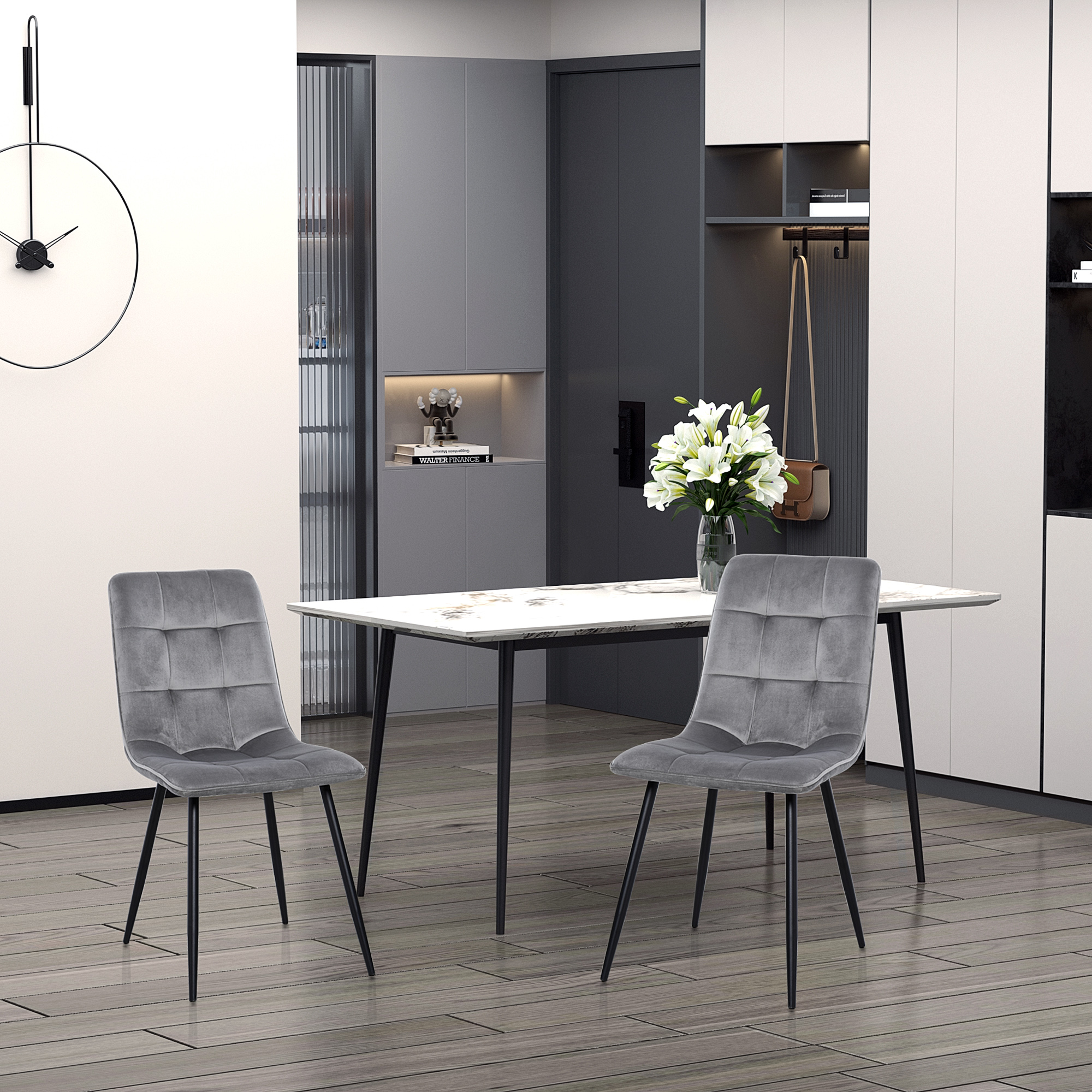 HOMCOM 2er-Set Esszimmerstuhl Polsterstuhl Küchenstuhl mit Samt-Optik Esstisch Samt Metall Grau+Schwarz 45 x 63 x 90 cm