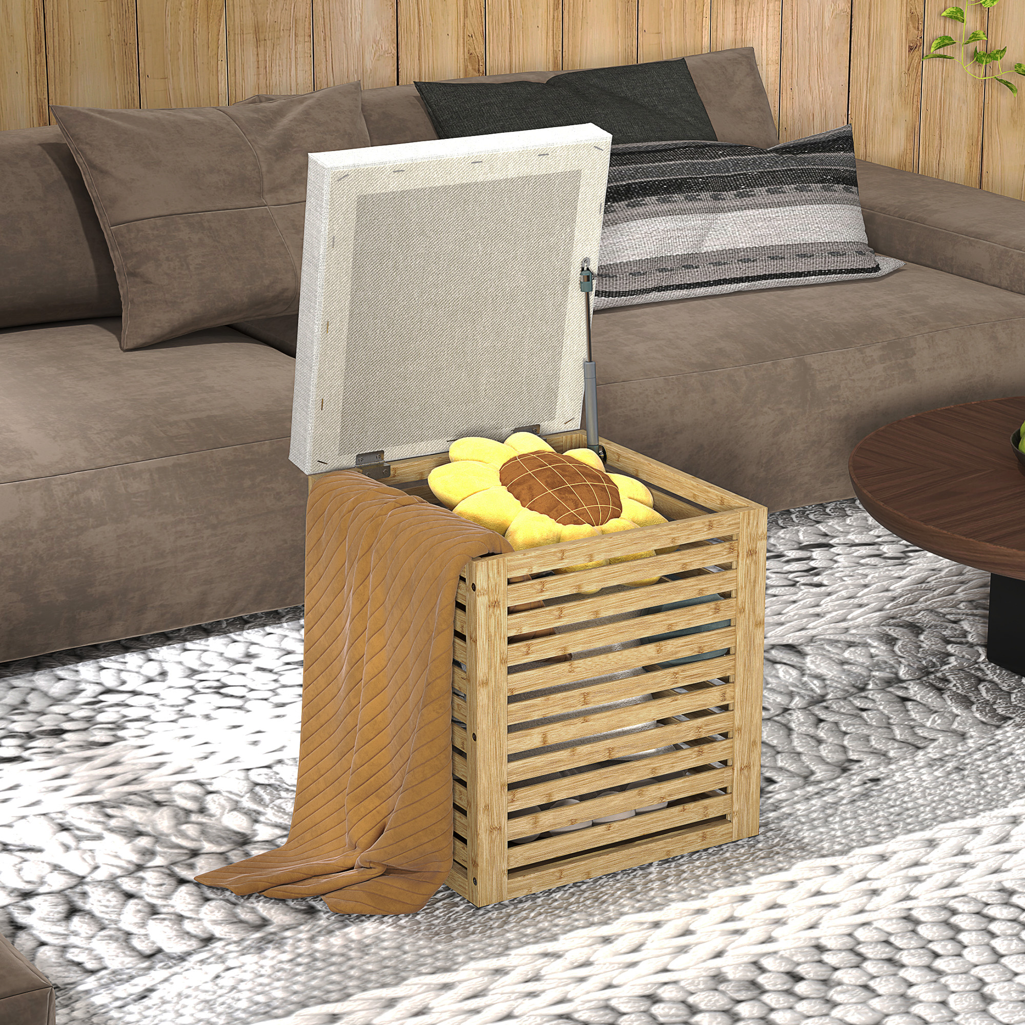 HOMCOM Aufbewahrungsbox Aufbewahrungshocker 54,76 L lamellenförmiges Design naturbelassener Bambusrahmen 40 x 40 x 47 cm Naturholz