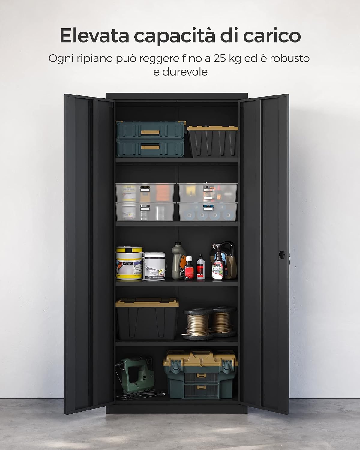 SONGMICS Armadietto Garage a 5 Ripiani con 2 Ante, Armadio Ufficio, 40 x 80 x 180 cm, 1 Serratura, Ripiani Regolabili, Armadio Metallo, Nero Opaco OMC015B01