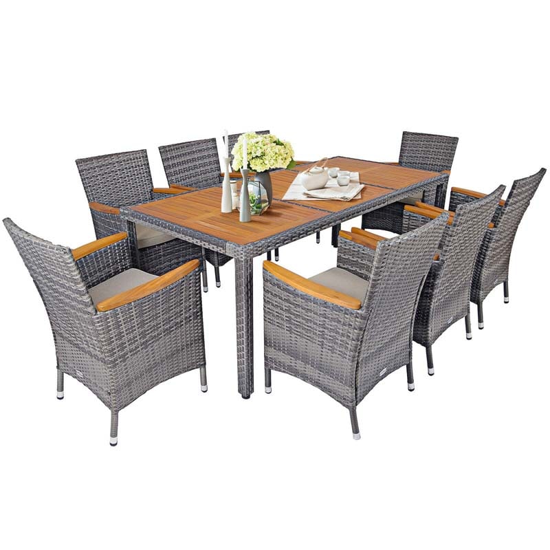 9 Pcs Rattan Patio Dining Set Outdoor Furniture Set With Acacia Wood Table Amp Cushioned Armchairs - High Quality Set For Everyday Use