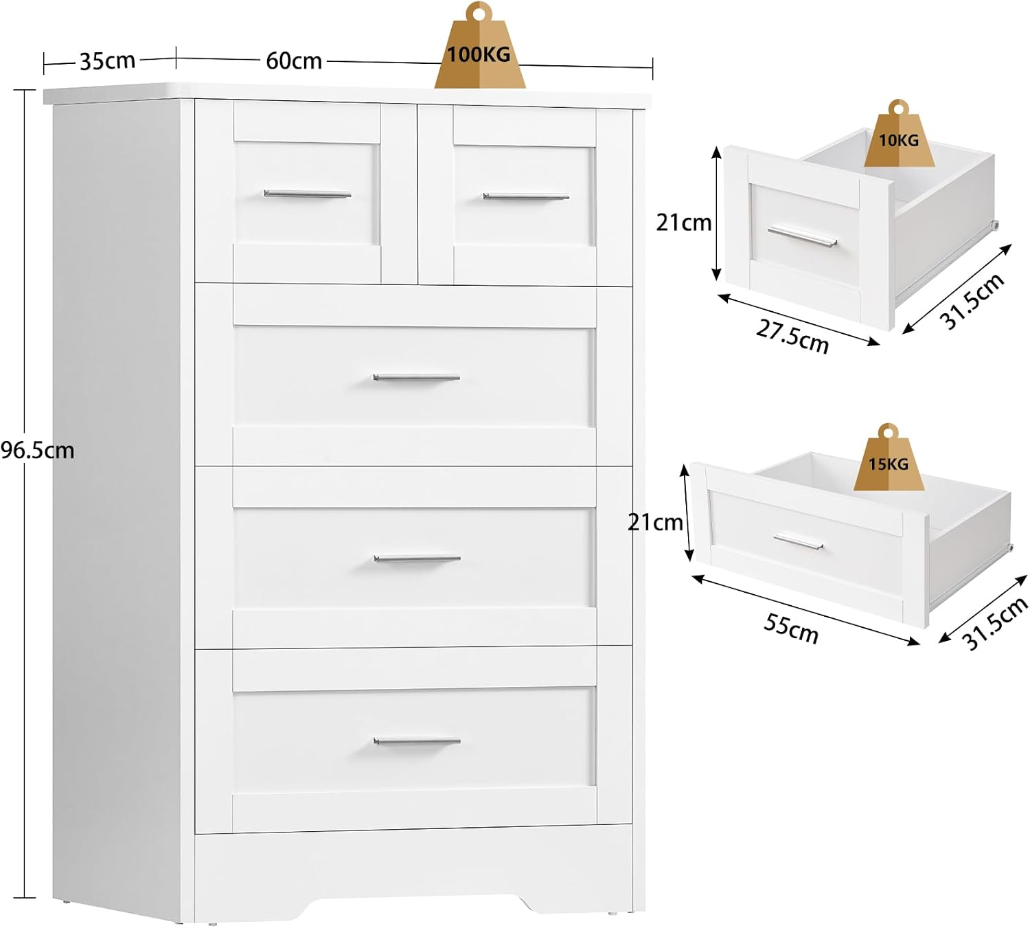 TEENFON Cassettiera Camera da Letto, Settimino con 5 Cassetti - Comò Bianco Moderno e Salvaspazio, Ideale per Soggiorno e Ingresso, 60x35x96.5 cm