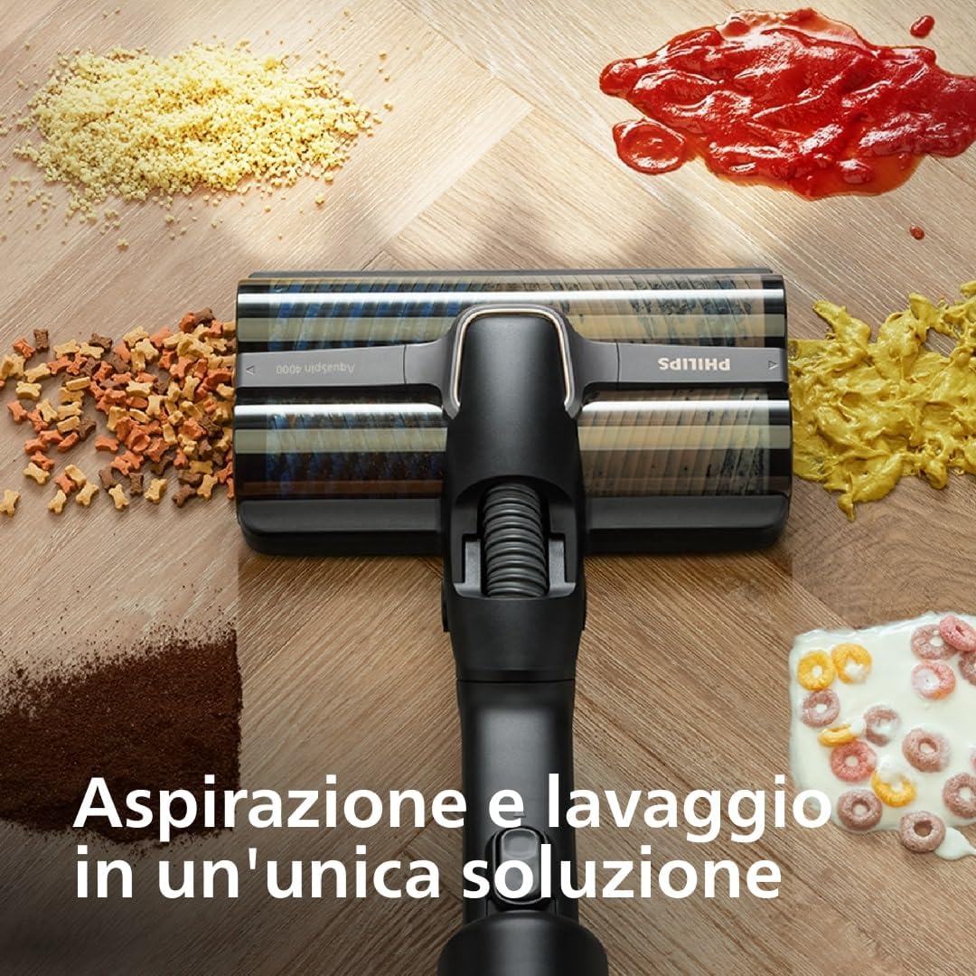 AquaTrio 9000 Aspirapolvere Lavapavimenti Senza Fili, Aspirabriciole, per Polvere, Macchie, Liquidi e Animali domestici, Spazzole AquaSpin ad Alta Velocità, Sistema di Autopulizia (XW9463/11)