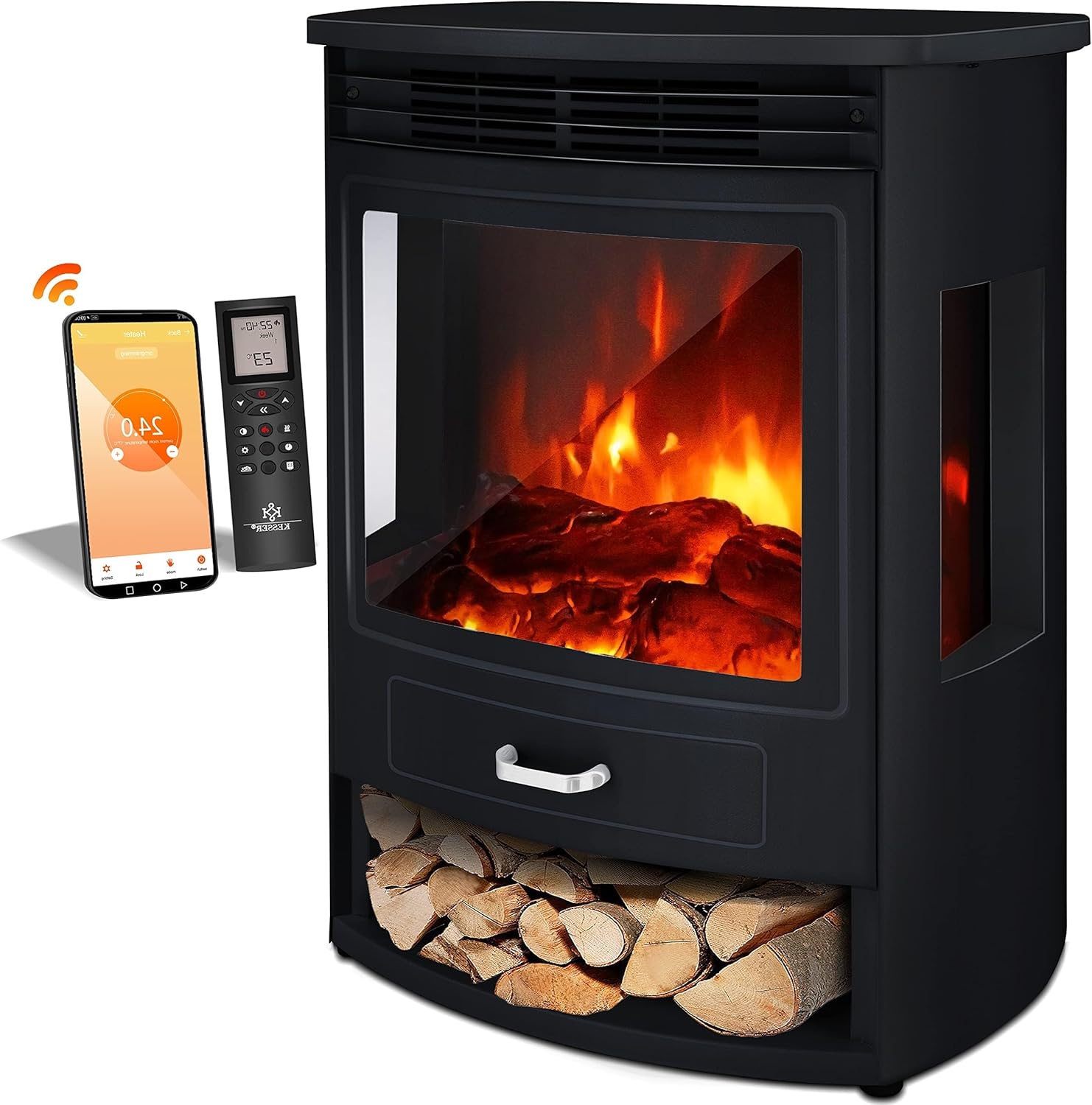 KESSER® Prio Camino elettrico con stufa, termoventilatore, telecomando 950/1900 W caminetto elettrico, effetto fiamma LED Caminetto elettrico