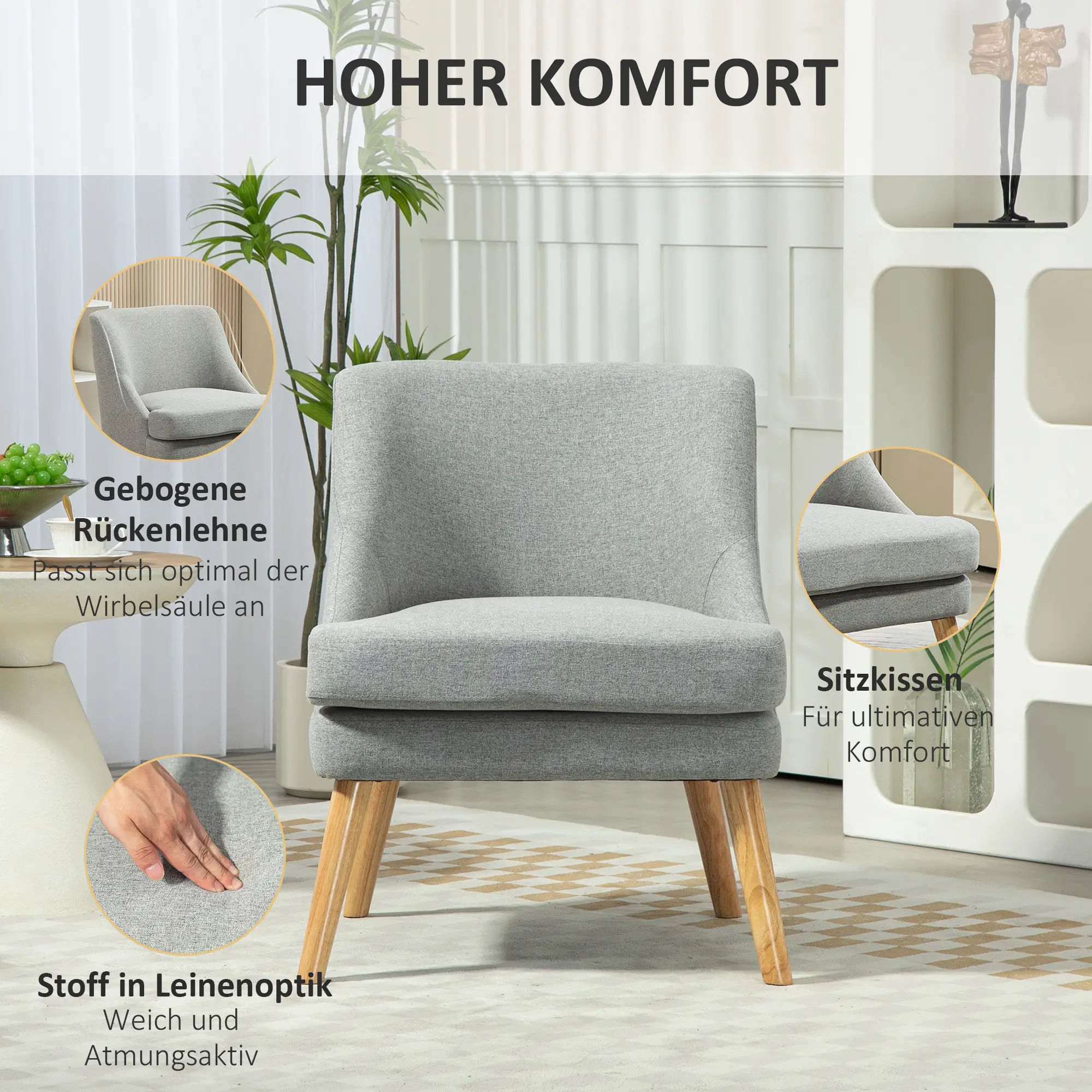 HOMCOM Polsterstuhl skandinavisches Design Loungesessel hellgrau