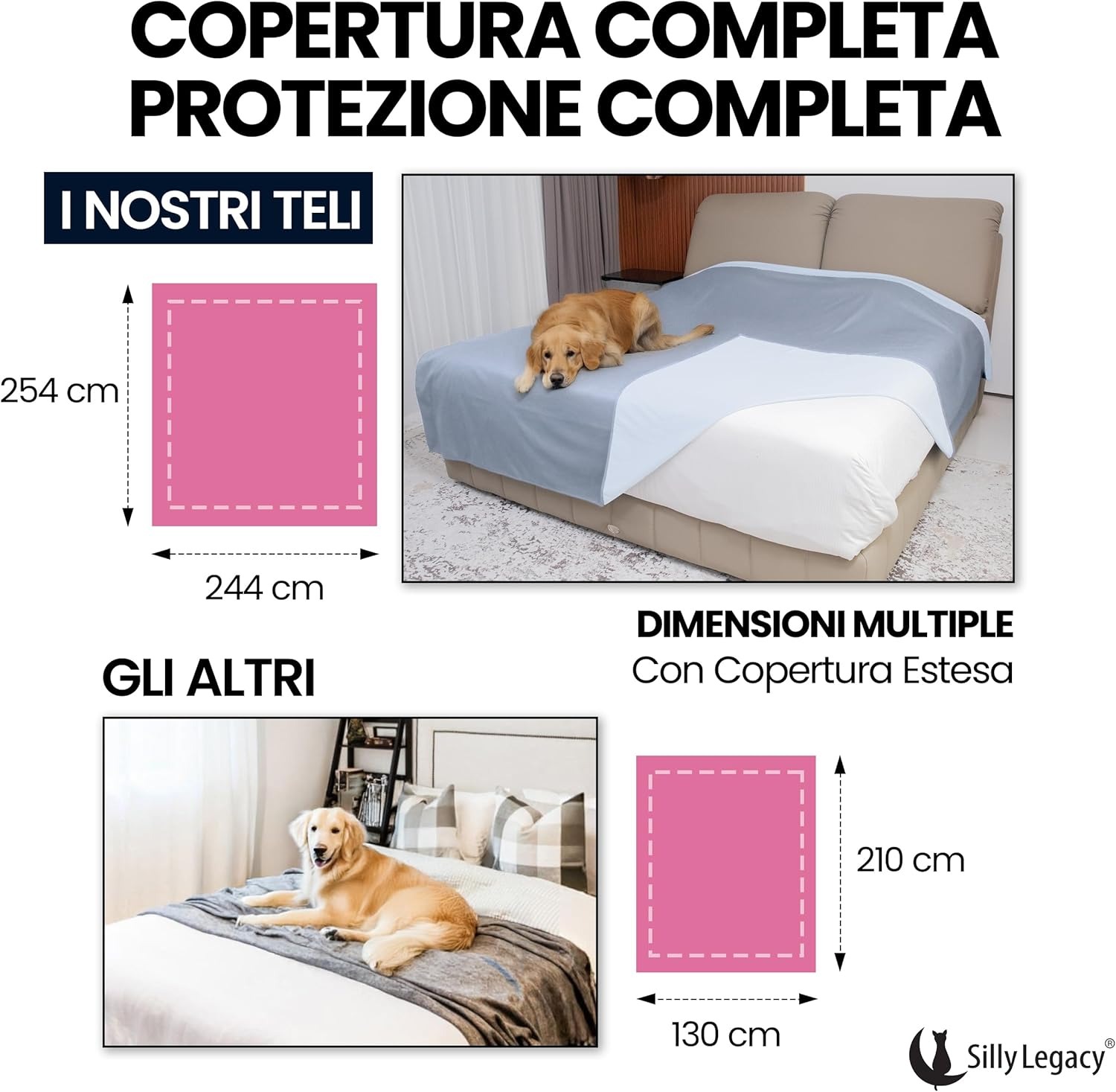 SILLY LEGACY Copertura Protettiva Sottile Reversibile Impermeabile (Grigio, Letto Matrimoniale 244 x 208 cm), Fodera per Letto o Divano per Cani e Gatti, incontinenza, urina, peli