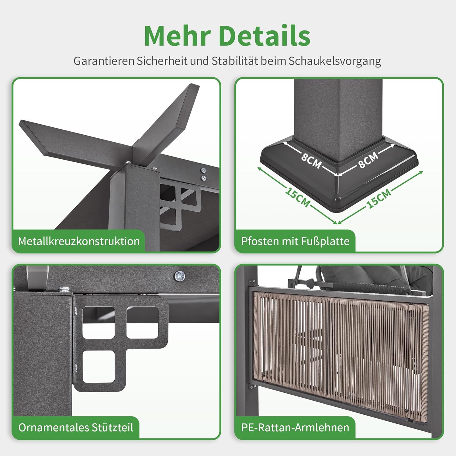 M MCombo dondolo Hollywood 3 posti con funzione letto e padiglione da giardino, dondolo con tettuccio retrattile, cuscino extra spesso da 8 cm e ganci silenziosi, panca da giardino 4067 (grigio)
