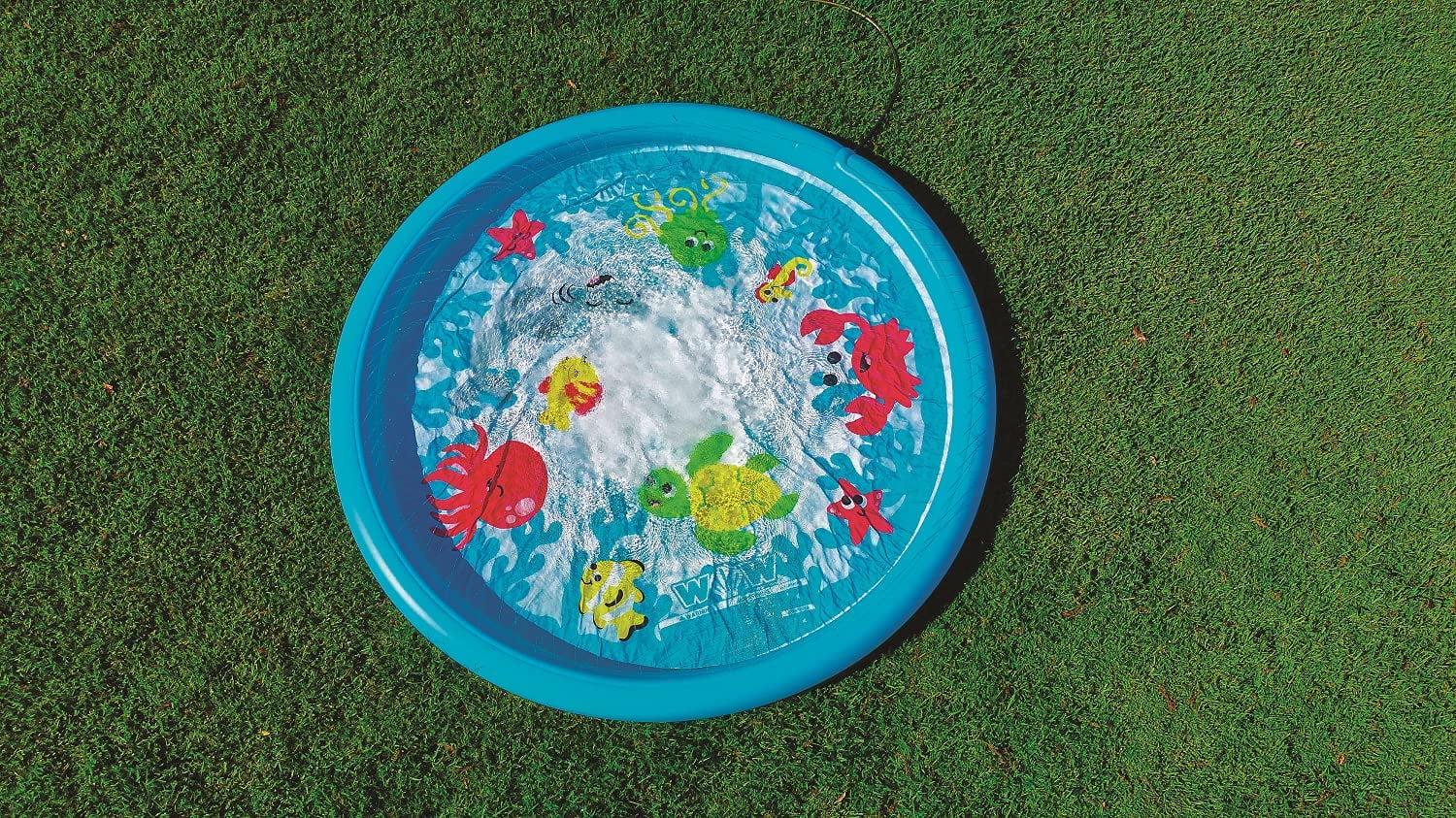 WOW Sports Giant Inflatable Splash Pad 10&prime; Ocean Animals &ndash; Durable PVC, Built in Sprinkler System, Family Wading Pool